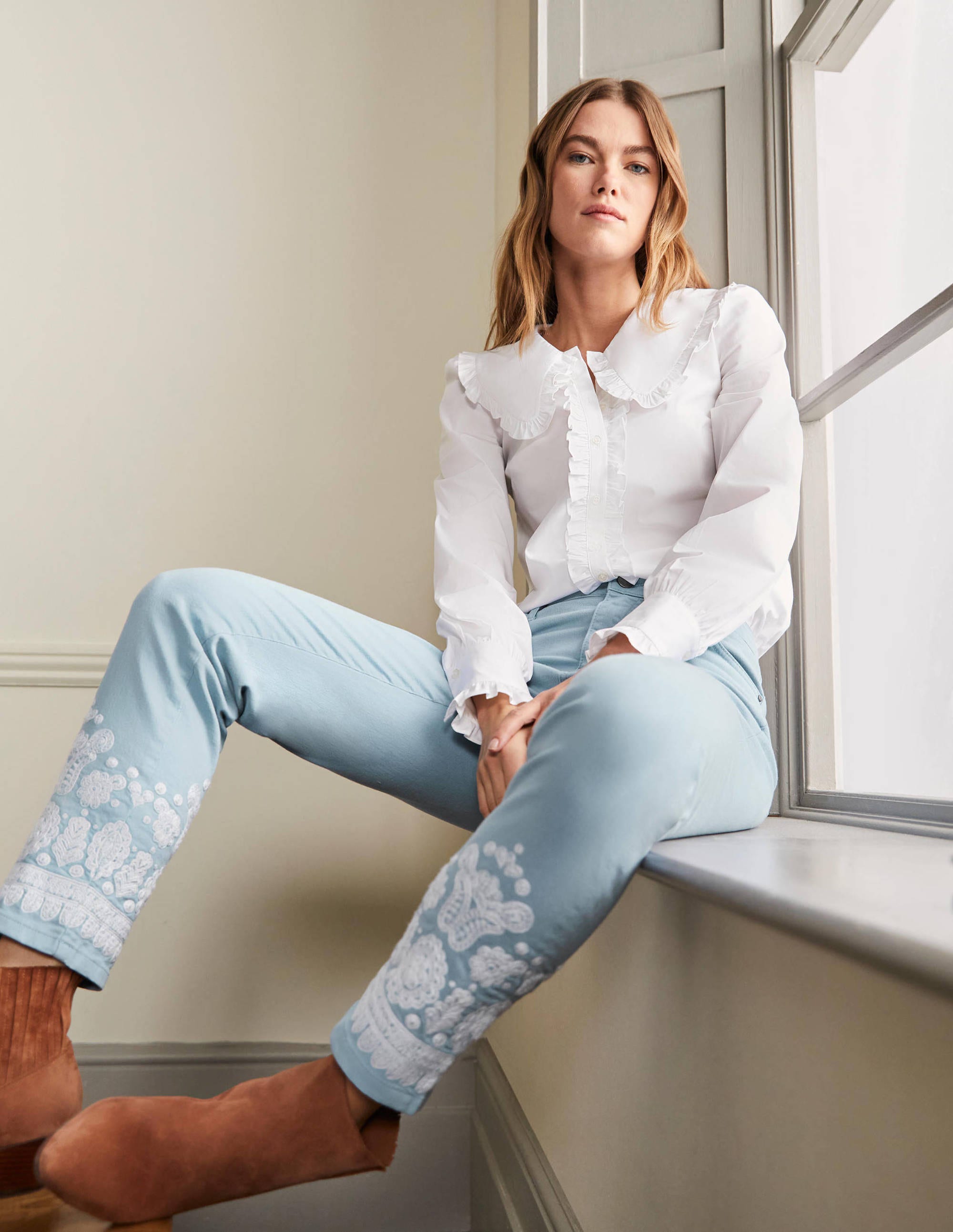 Slim Straight Ankle Skimmers-Dusty Blue, Embroidered - Image 1