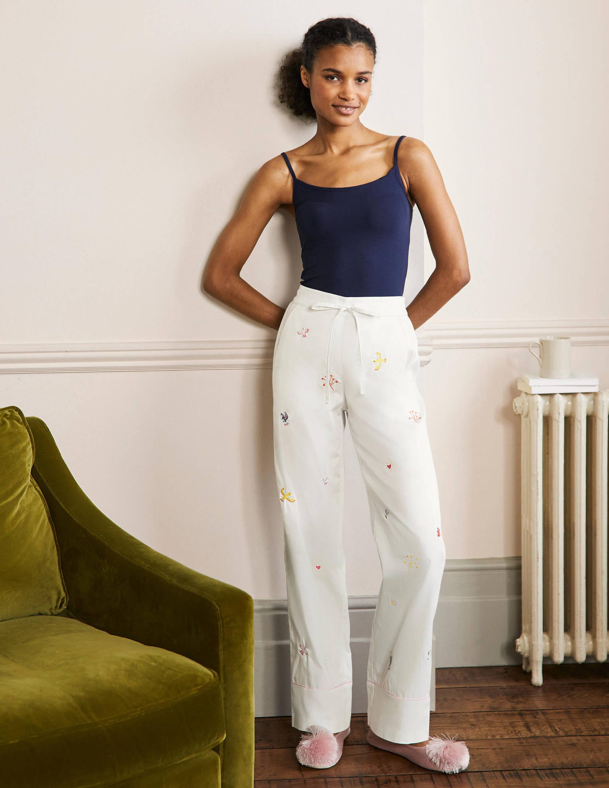 Cotton Pyjama Trousers-Ivory, Embroidery - Image 1