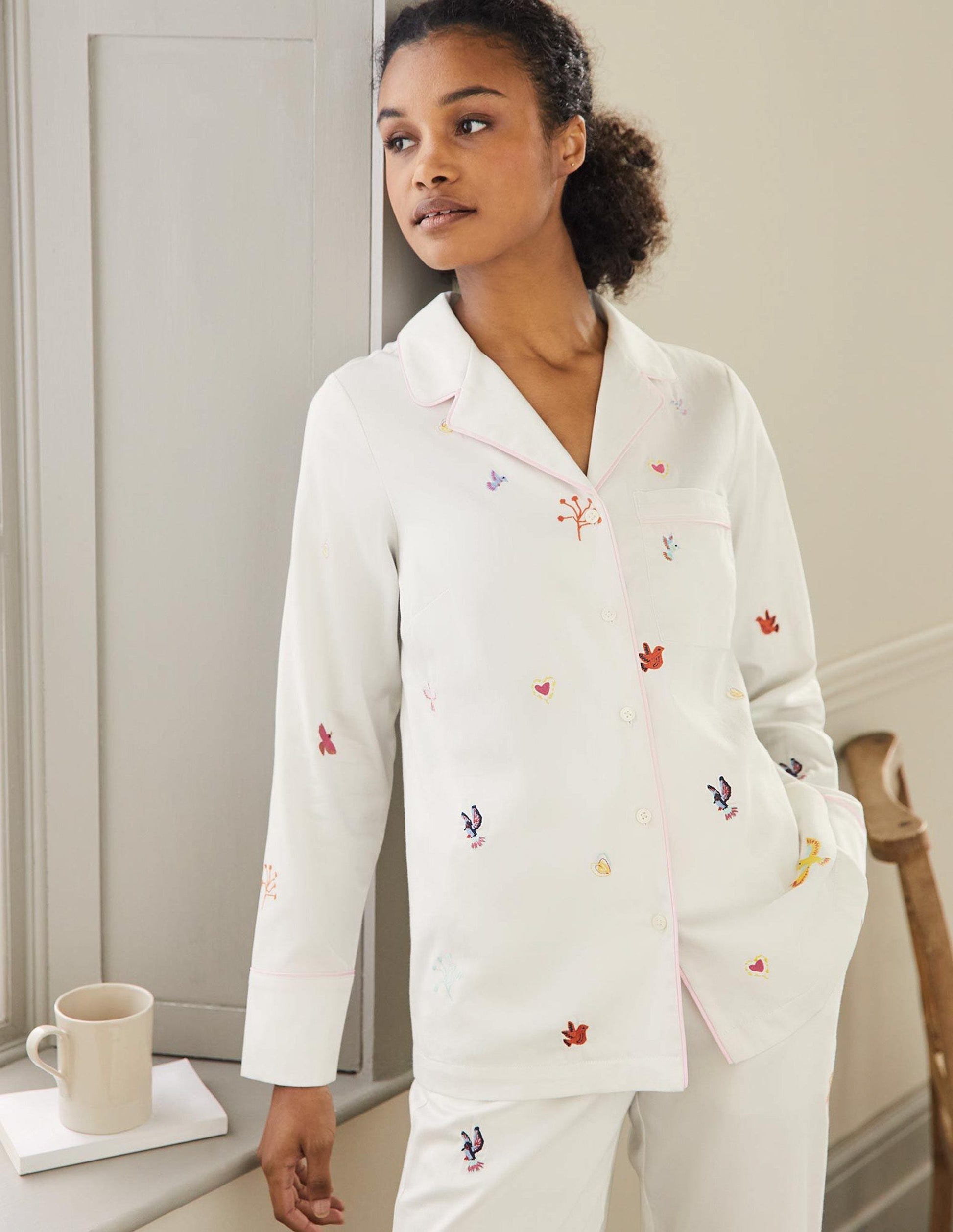 Long Sleeve Pyjama Shirt-Ivory, Embroidery-1