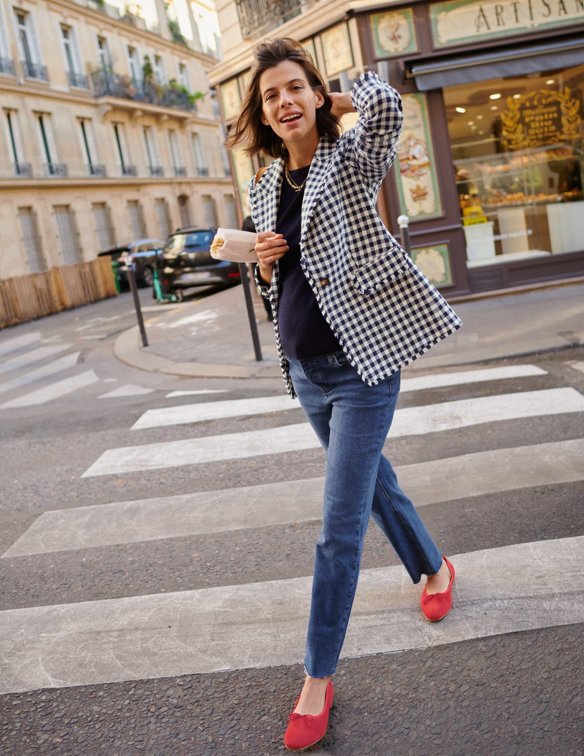 Hever Cotton Twill Blazer-French Navy Gingham-10
