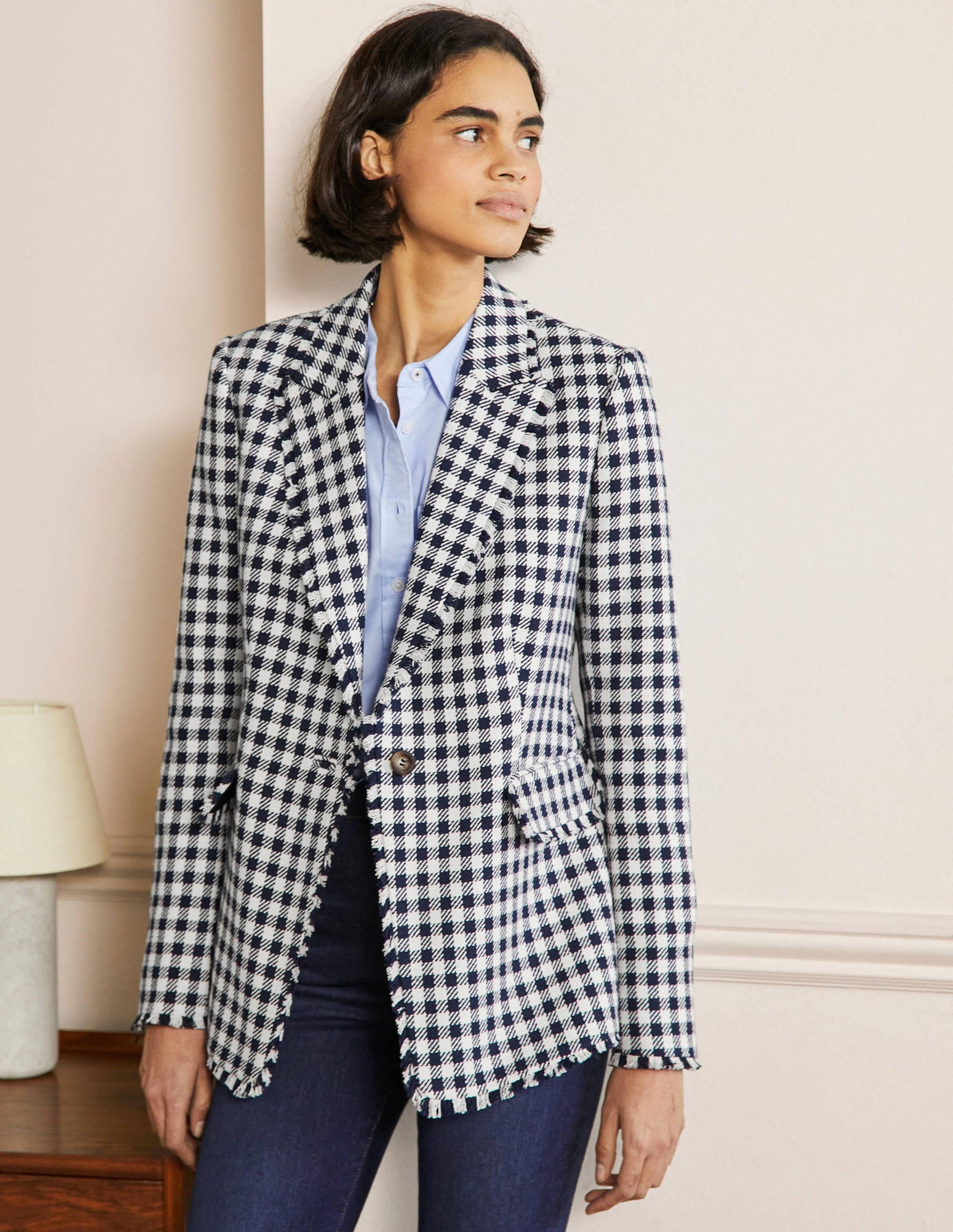Hever Cotton Twill Blazer-French Navy Gingham-1
