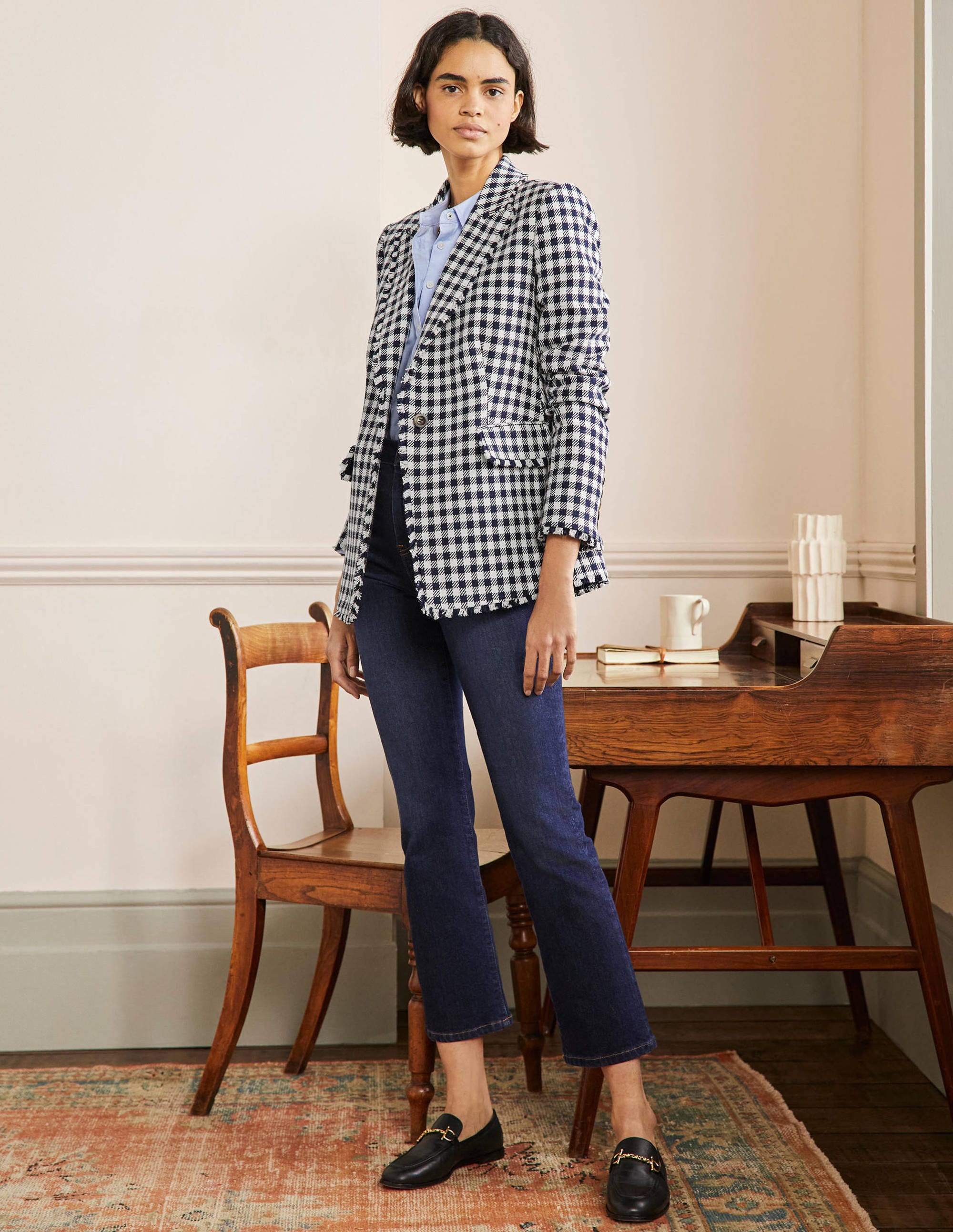 Hever Cotton Twill Blazer-French Navy Gingham - Image 4