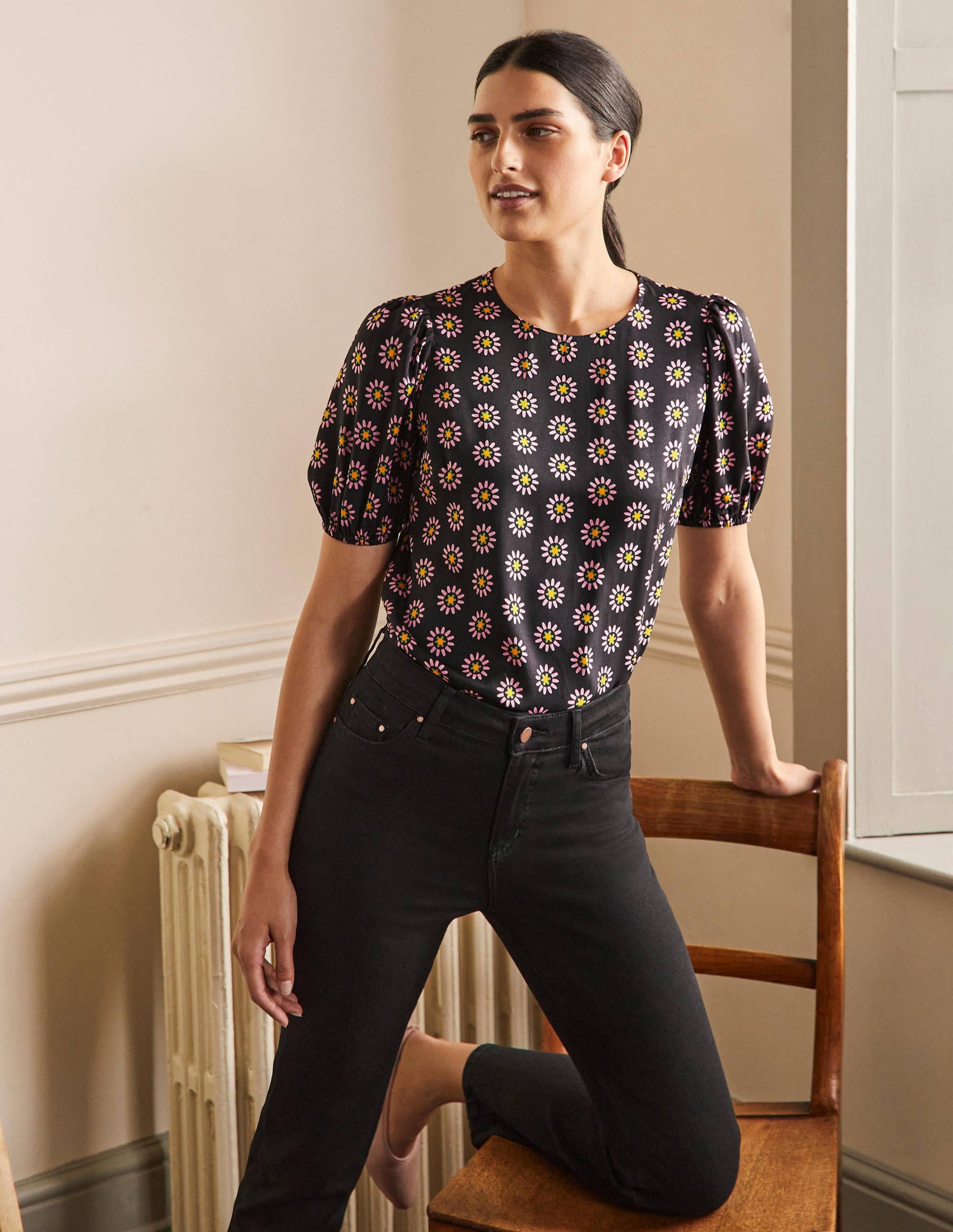 Adriana Puff Sleeve Top-Black and Formica Pink, Daisy-4