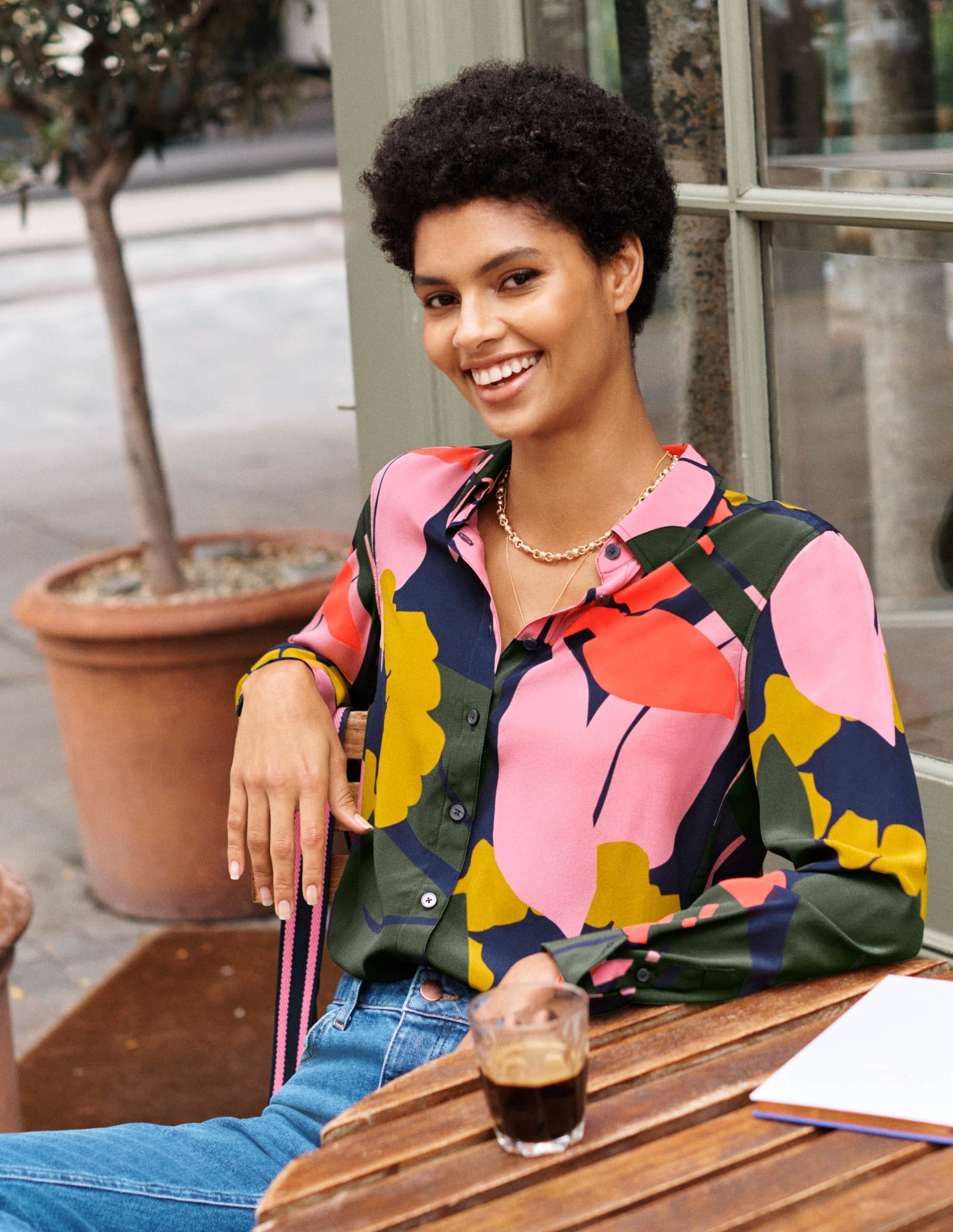 Silk Shirt-French Navy, Abstract Bloom-7