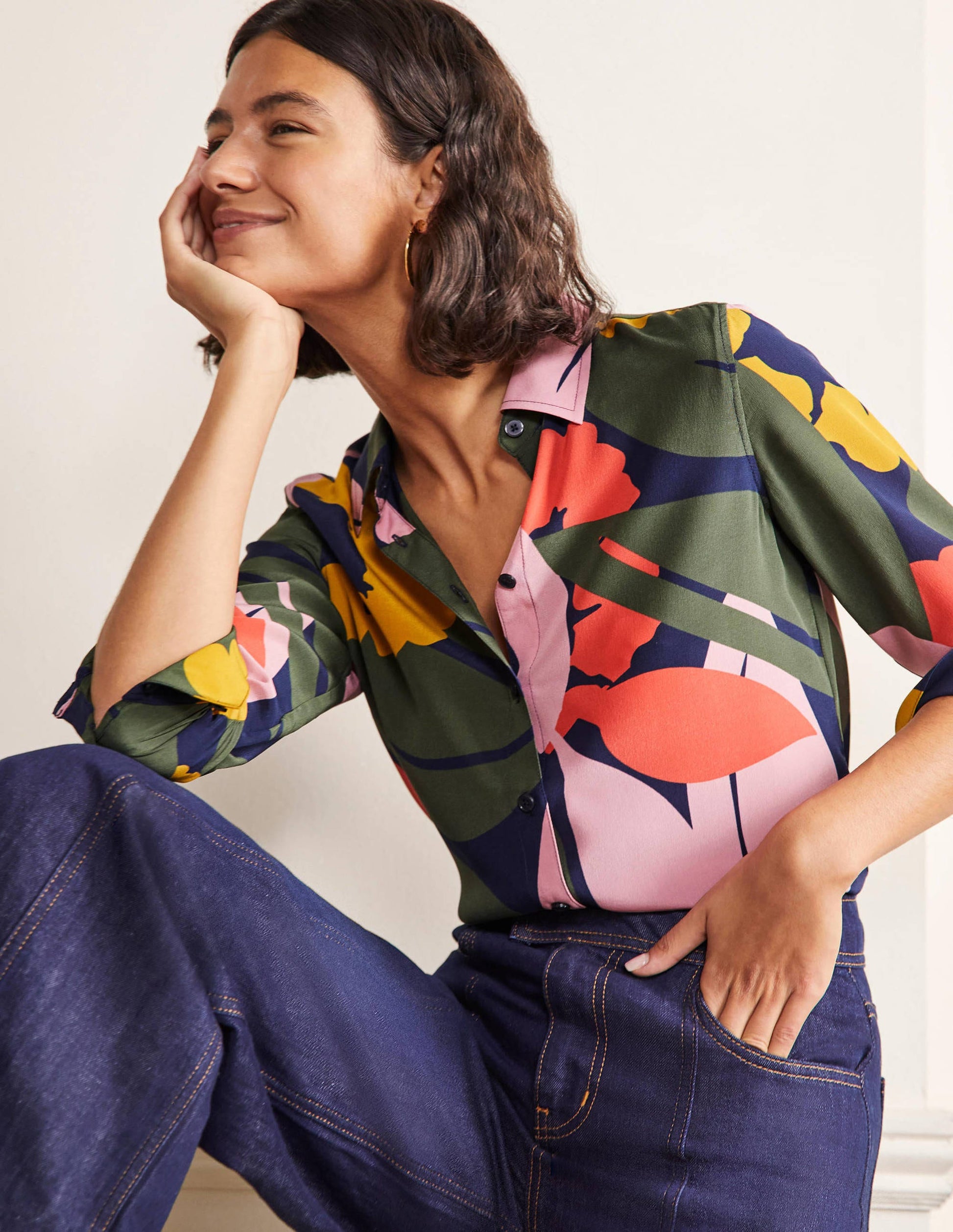 Silk Shirt-French Navy, Abstract Bloom-1