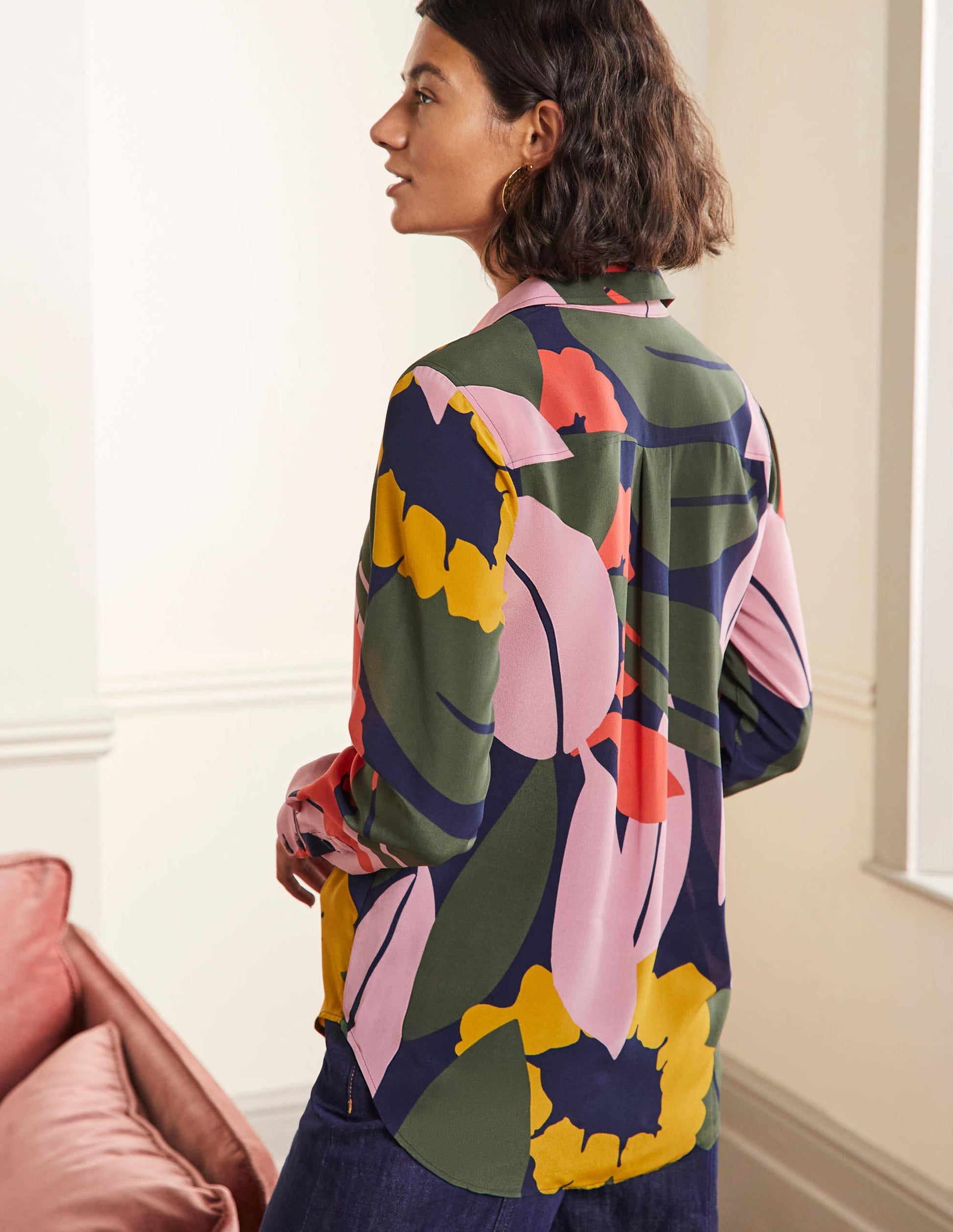 Silk Shirt-French Navy, Abstract Bloom-3