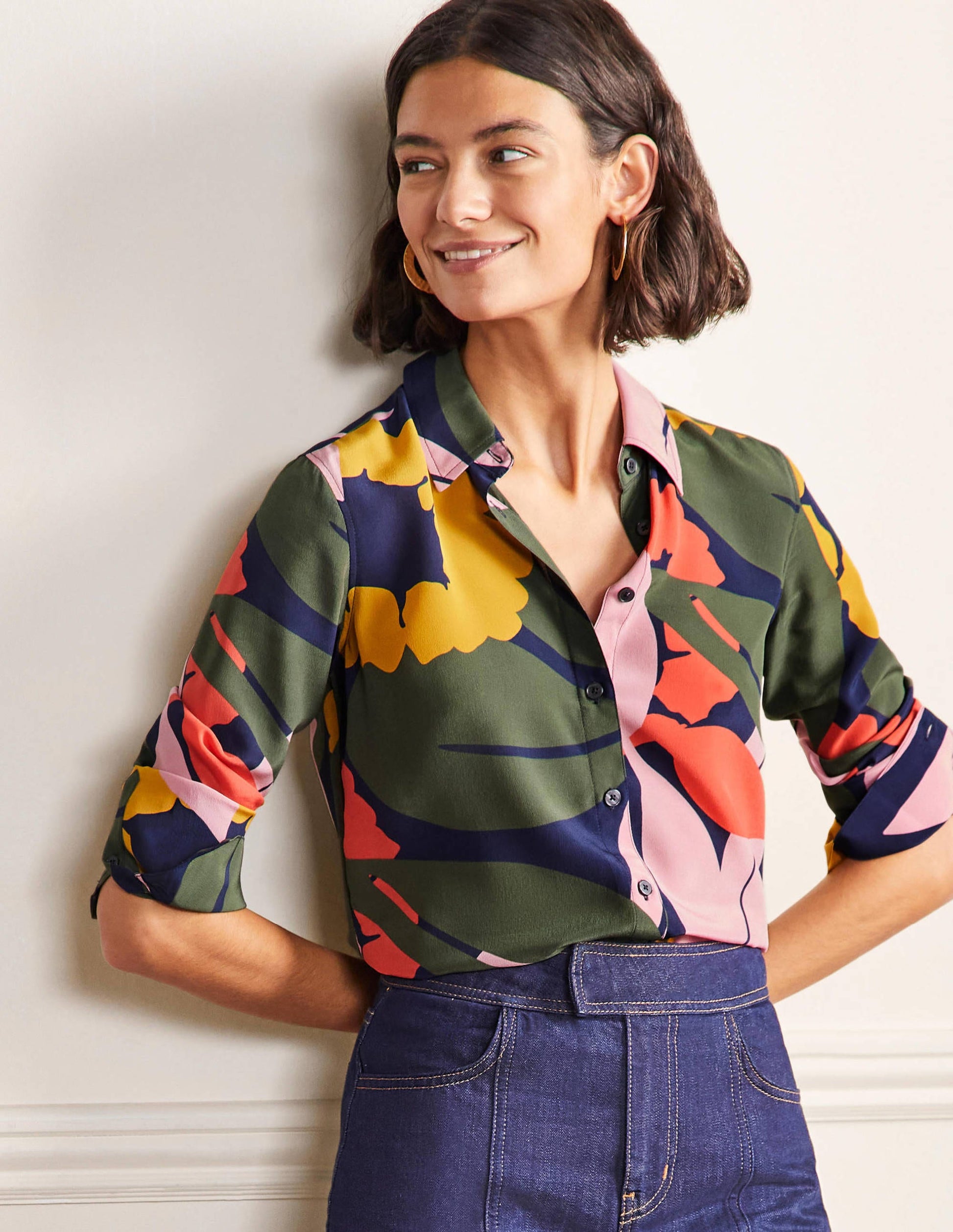 Silk Shirt-French Navy, Abstract Bloom-4