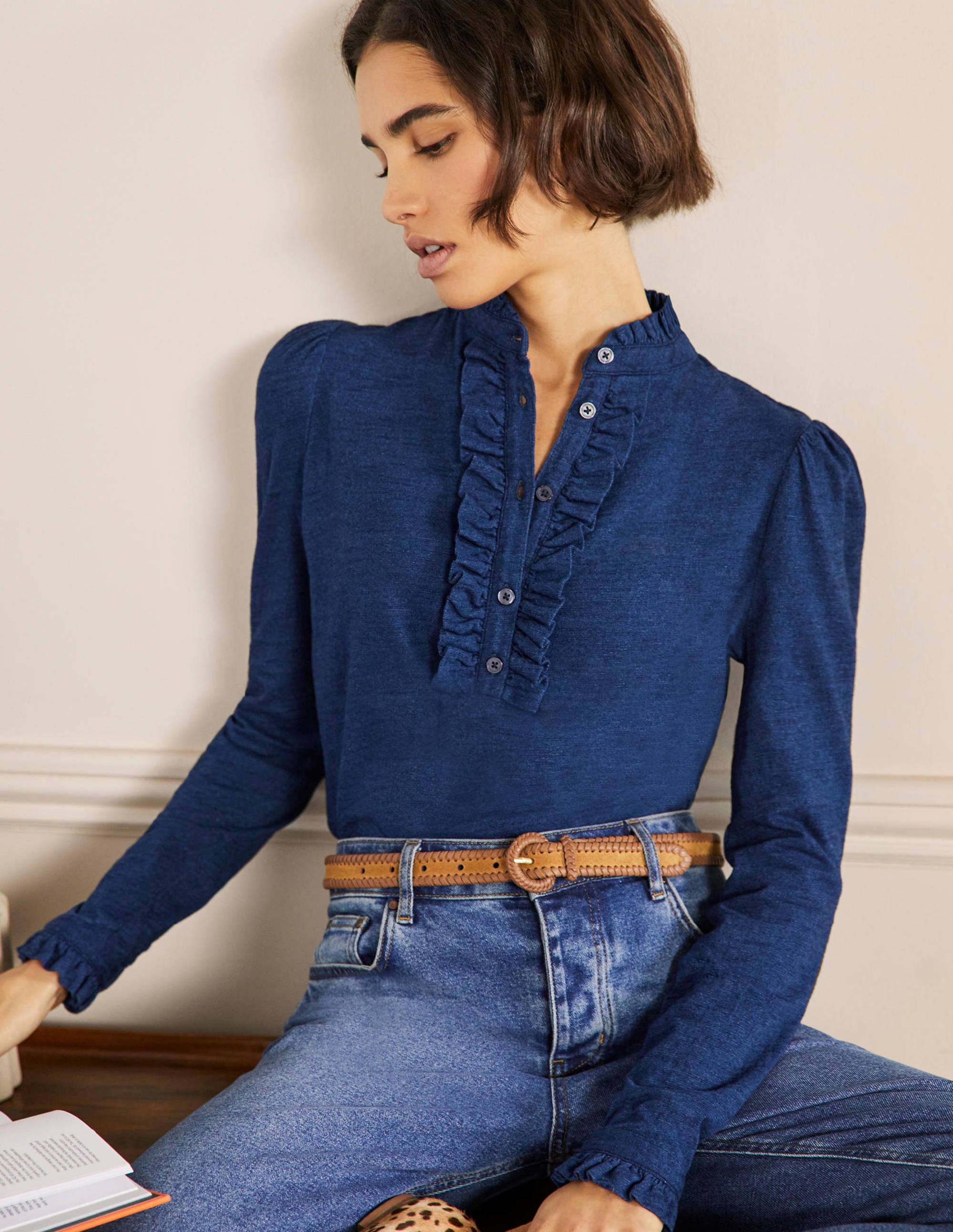 Ruffle Front Jersey Top-Mid Indigo - Image 1