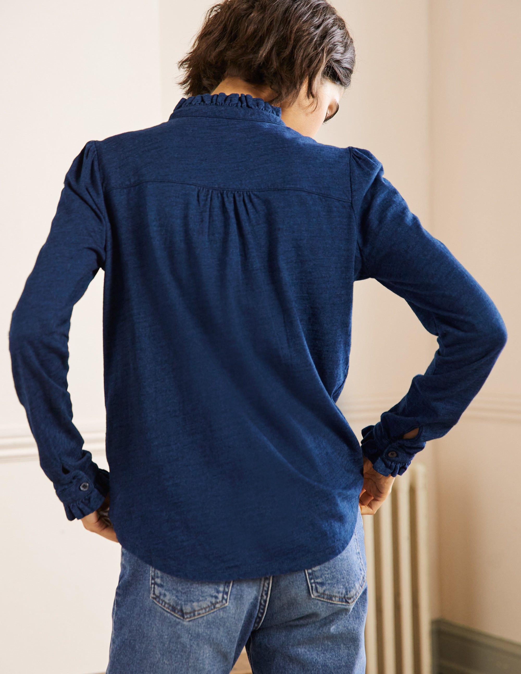 Ruffle Front Jersey Top-Mid Indigo - Image 3