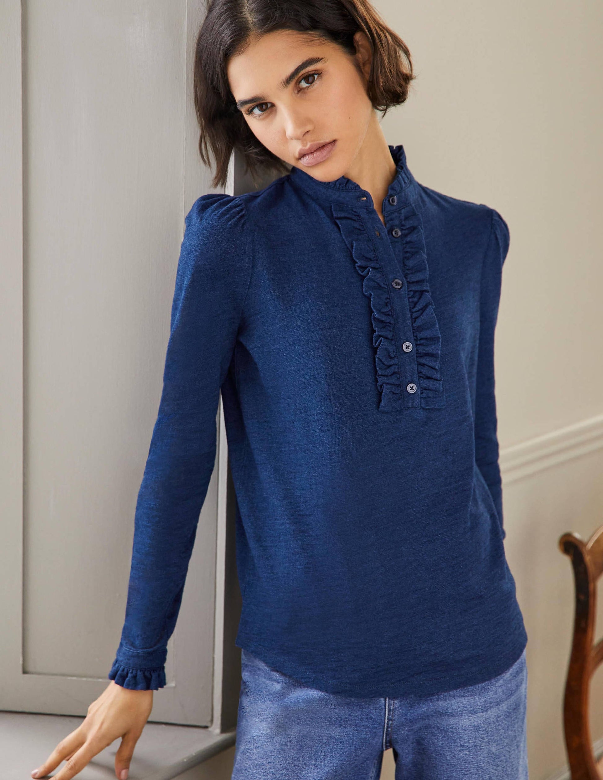 Ruffle Front Jersey Top-Mid Indigo-4