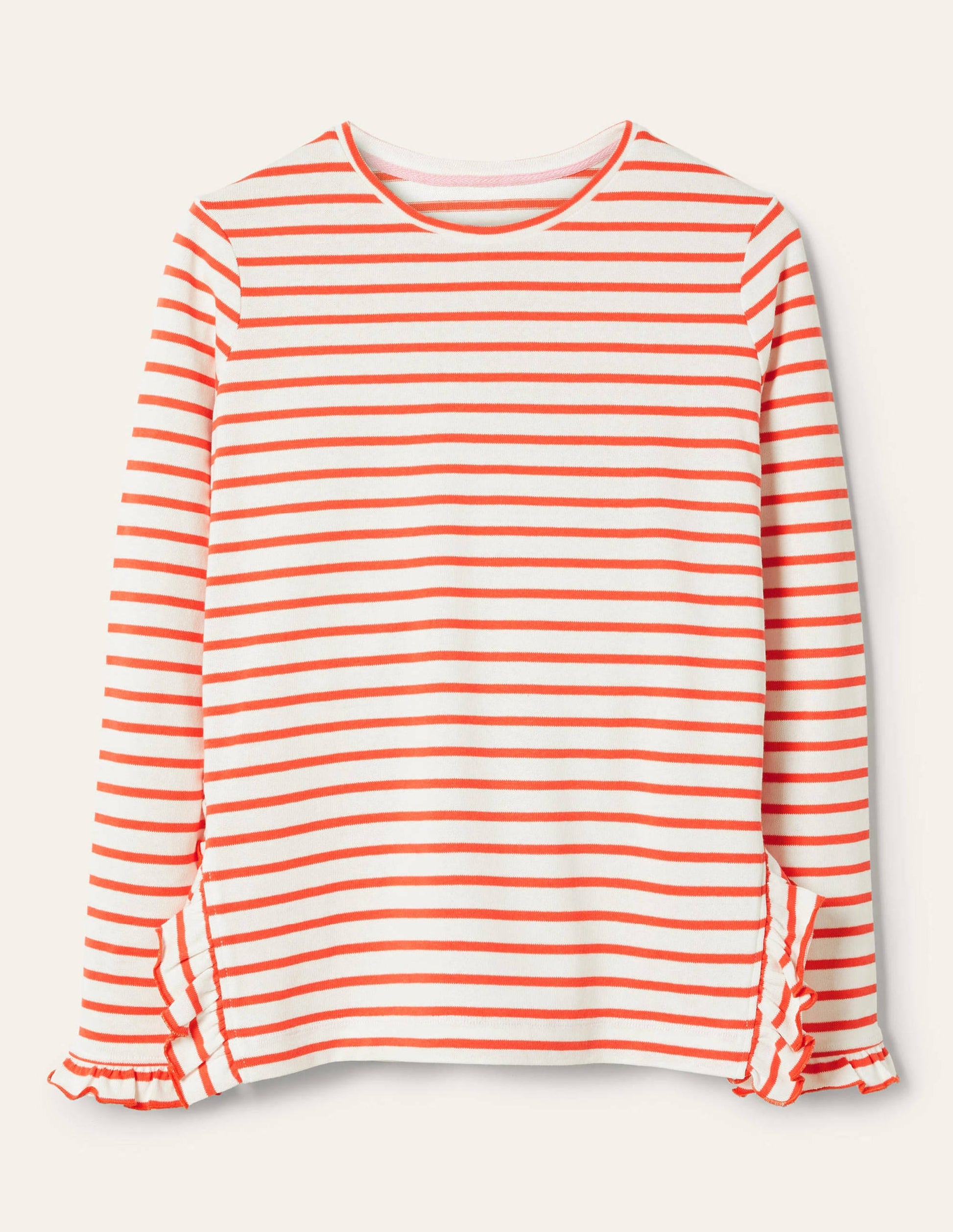 Frilled Side Split Jersey Top-Ivory / Hot Coral Stripe-5