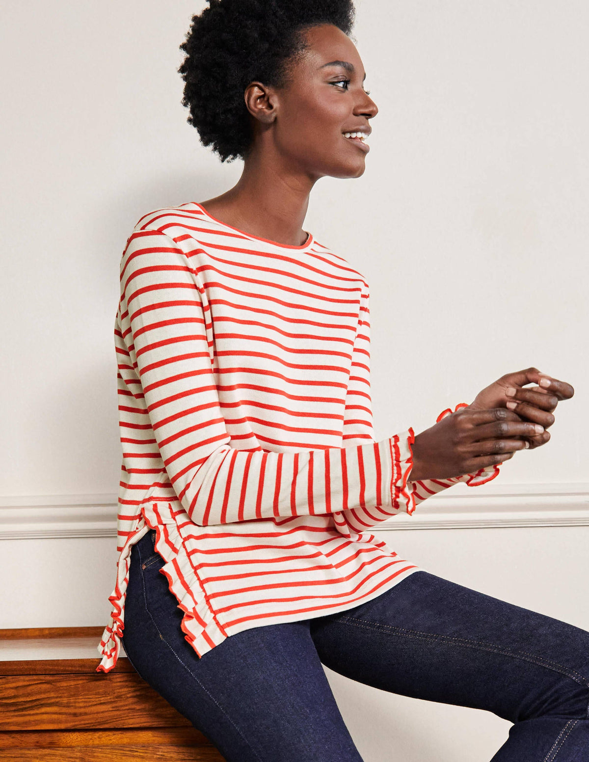 Frilled Side Split Jersey Top-Ivory / Hot Coral Stripe-1