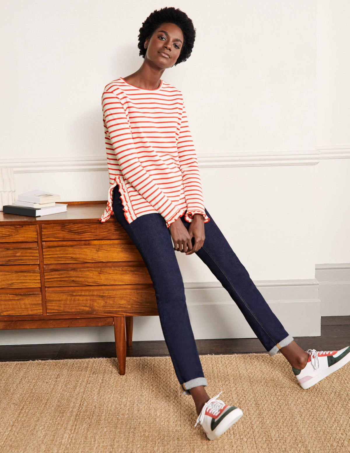 Frilled Side Split Jersey Top-Ivory / Hot Coral Stripe-4