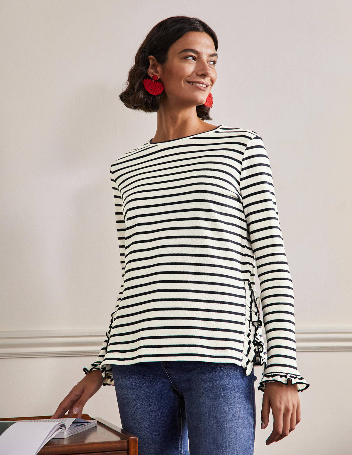 Frilled Side Split Jersey Top-Ivory / Navy Stripe - Image 1