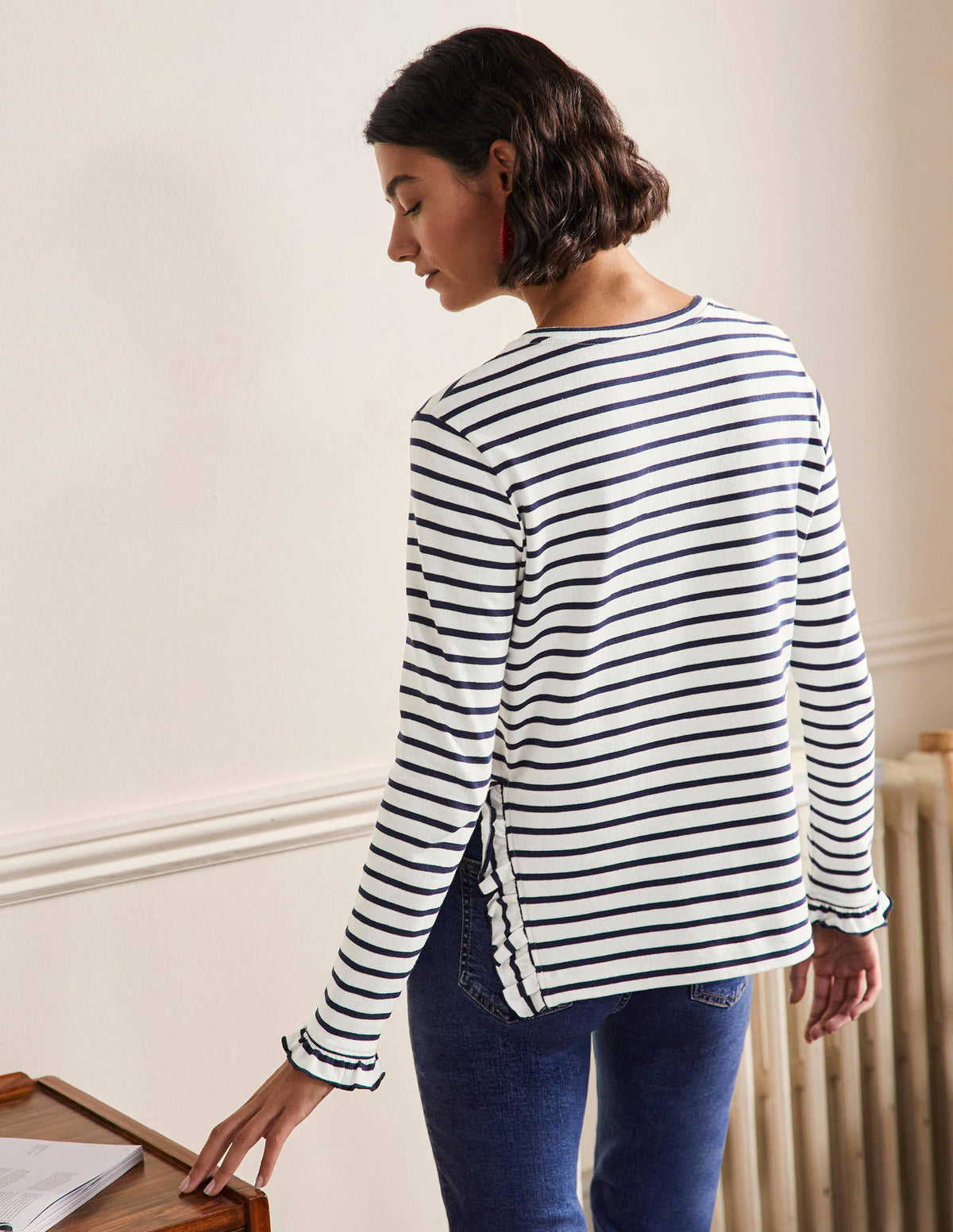 Frilled Side Split Jersey Top-Ivory / Navy Stripe-3