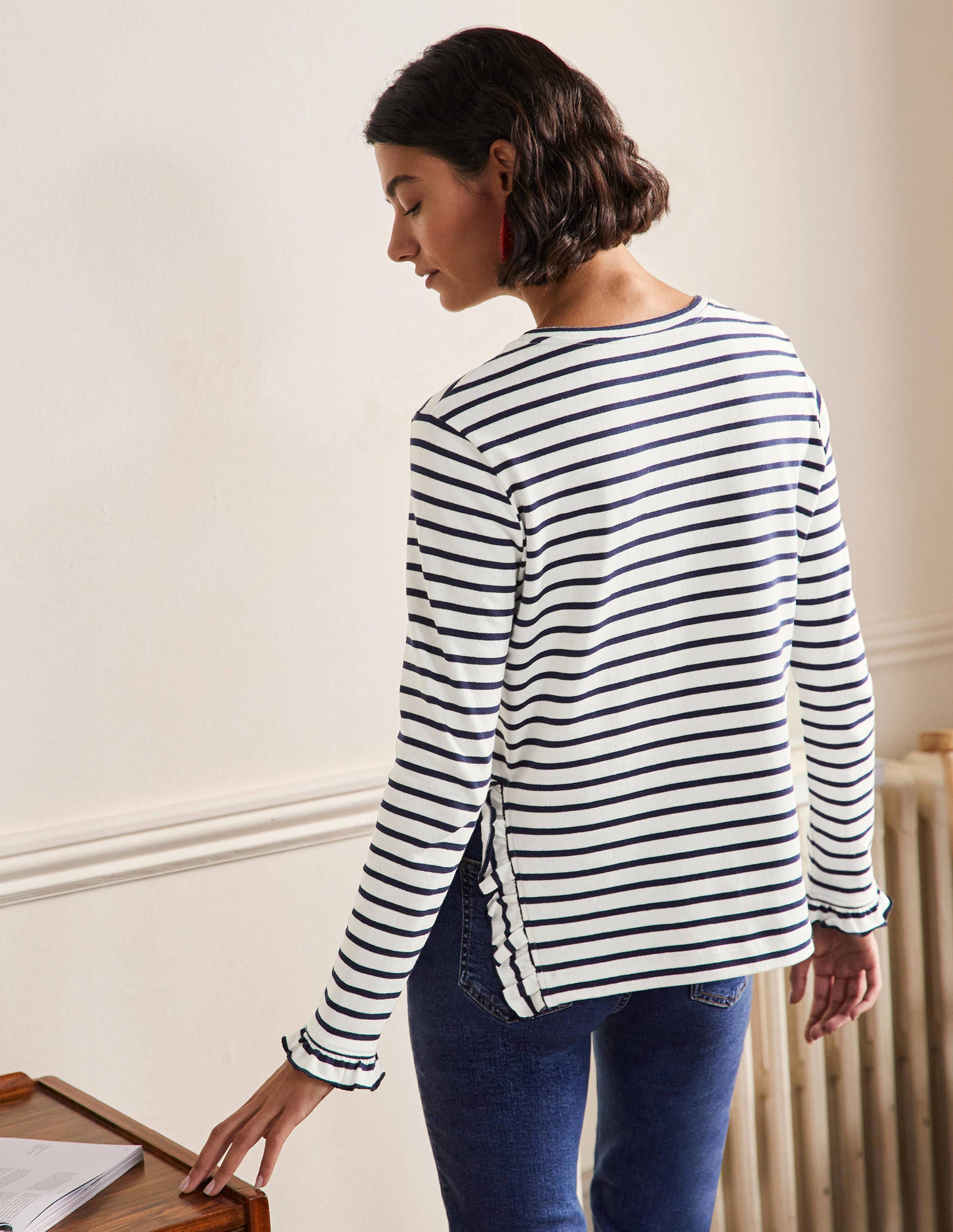 Frilled Side Split Jersey Top-Ivory / Navy Stripe - Image 3