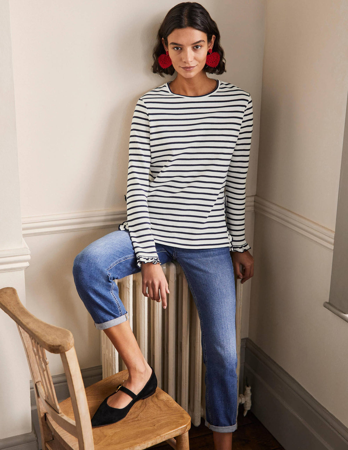 Frilled Side Split Jersey Top-Ivory / Navy Stripe - Image 4