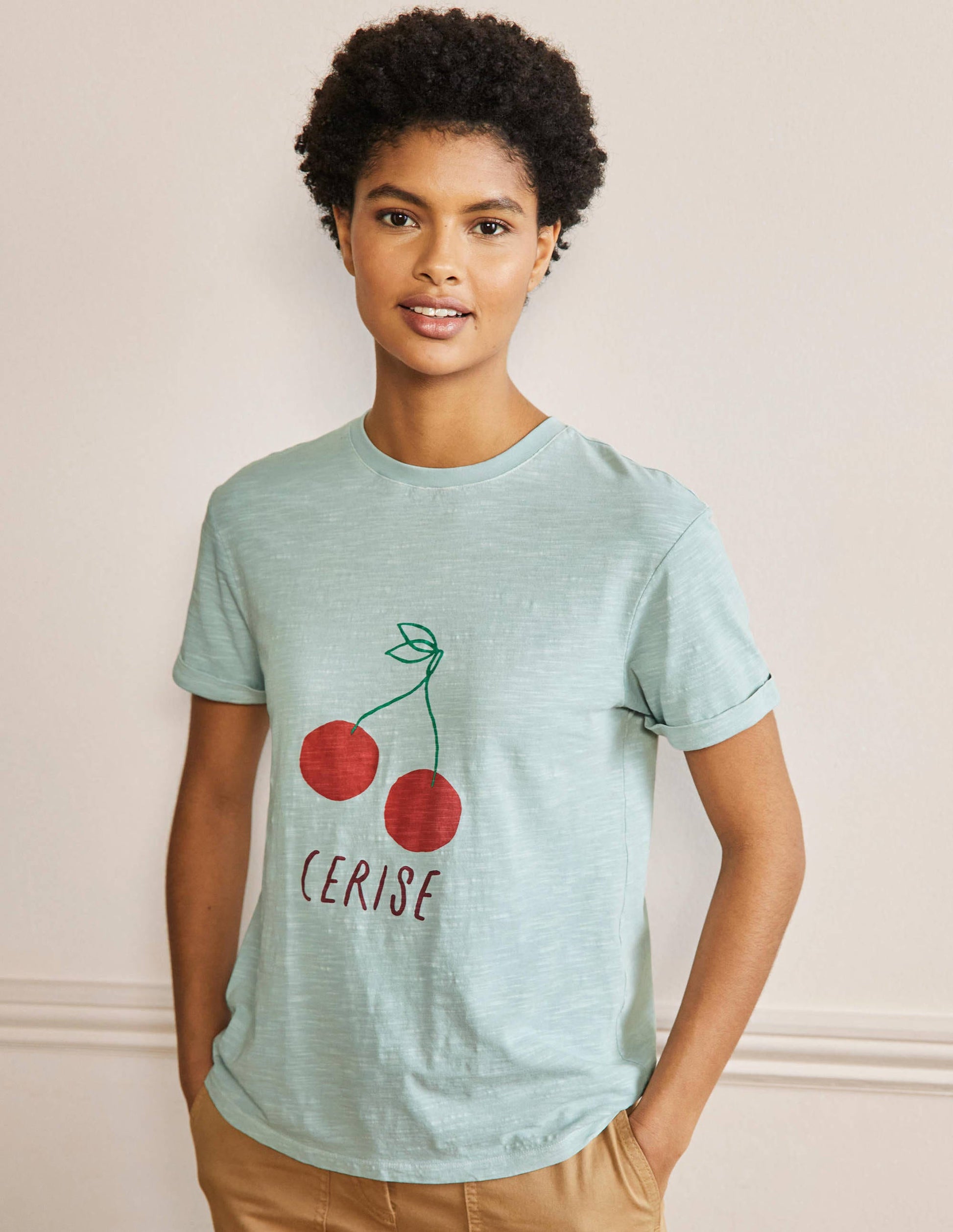 Turn Up Cuff Cotton T-shirt-Dawn Sky, Cherry-1