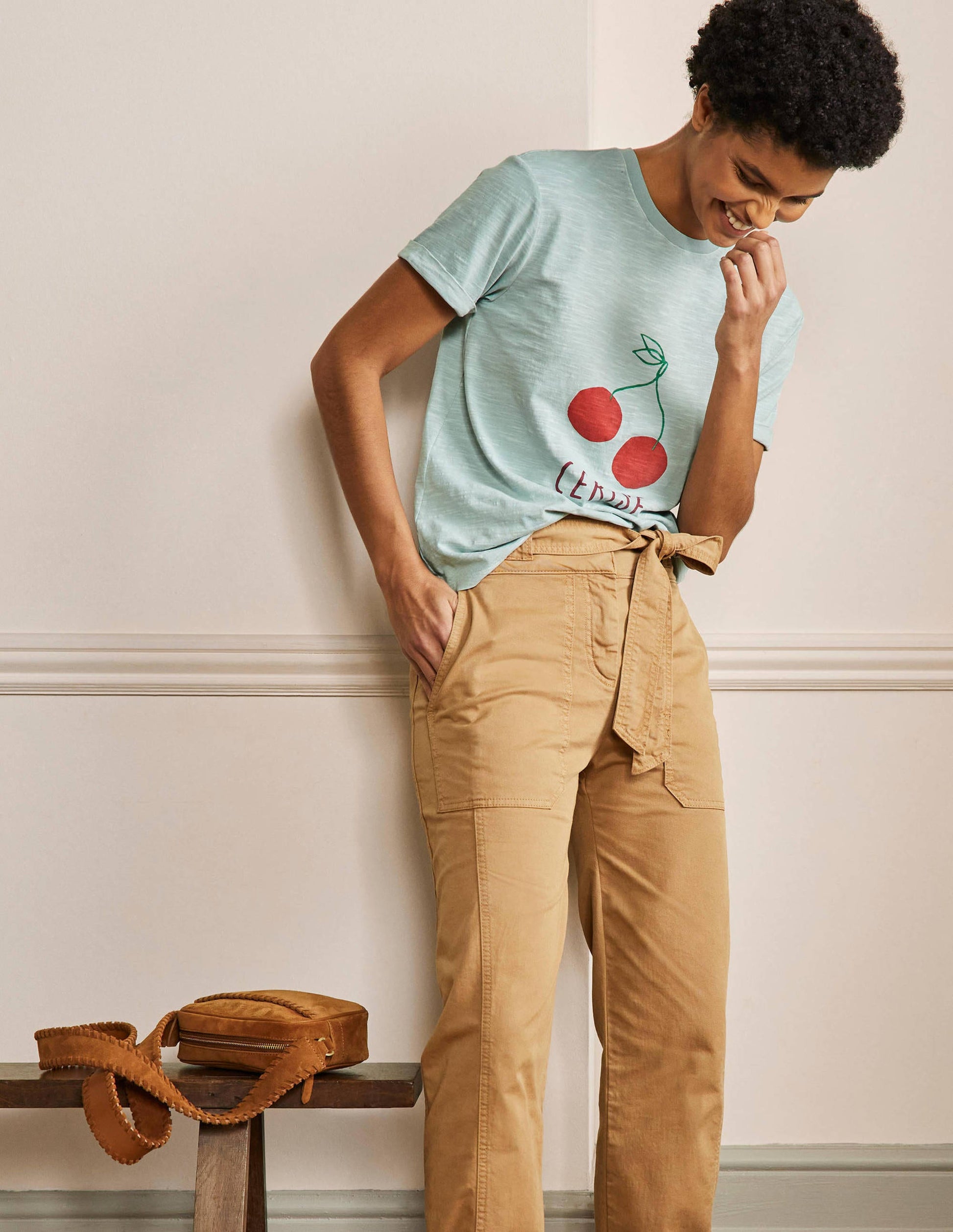 Turn Up Cuff Cotton T-shirt-Dawn Sky, Cherry-4