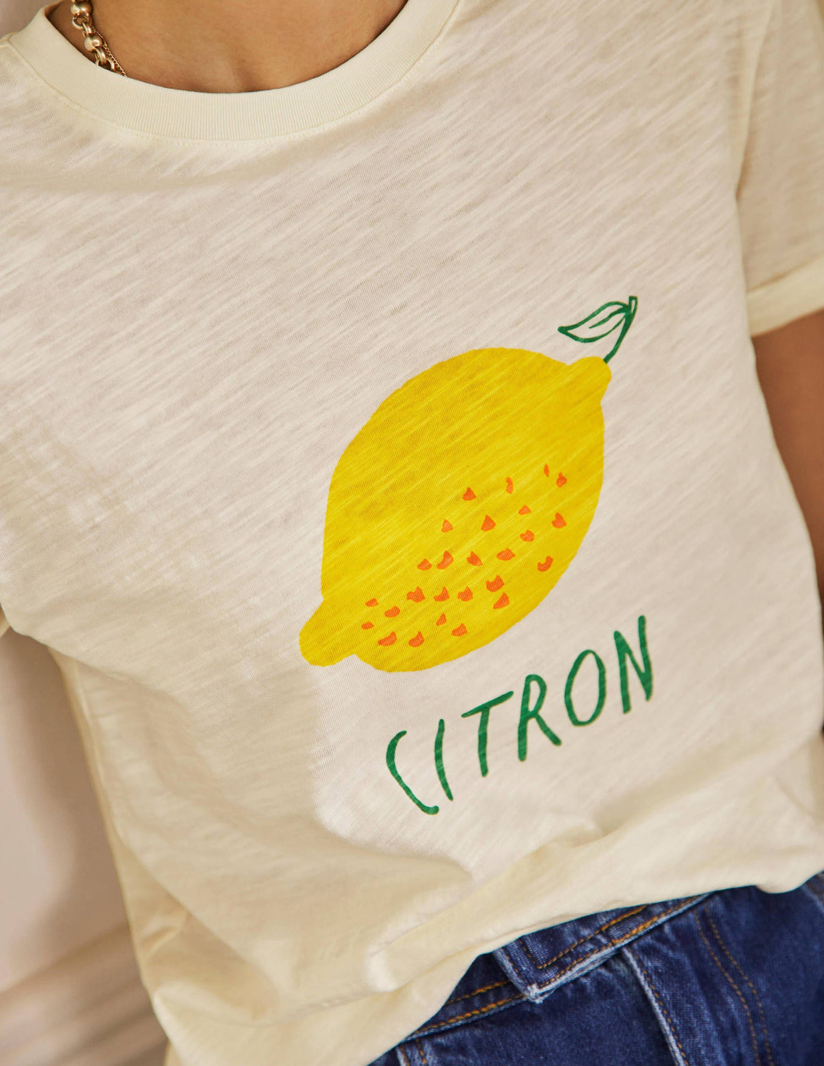 Turn Up Cuff Cotton T-shirt-Ivory, Lemon - Image 2