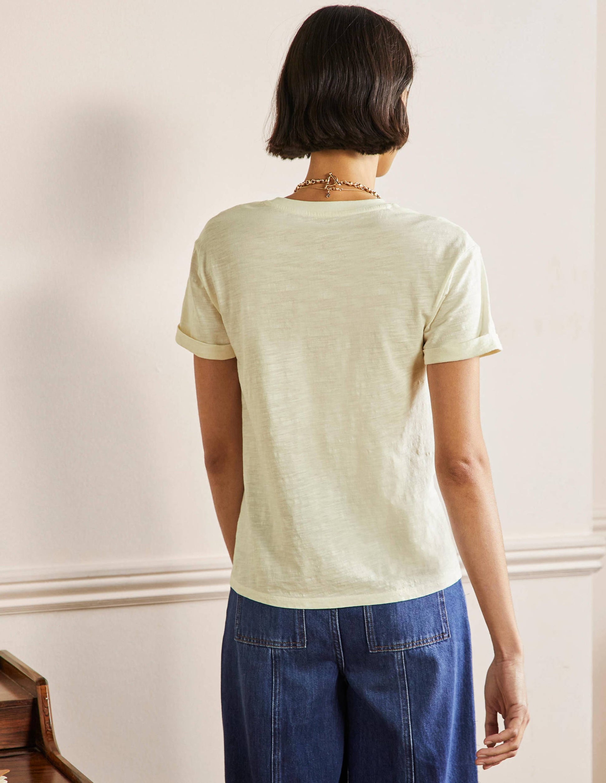 Turn Up Cuff Cotton T-shirt-Ivory, Lemon-3