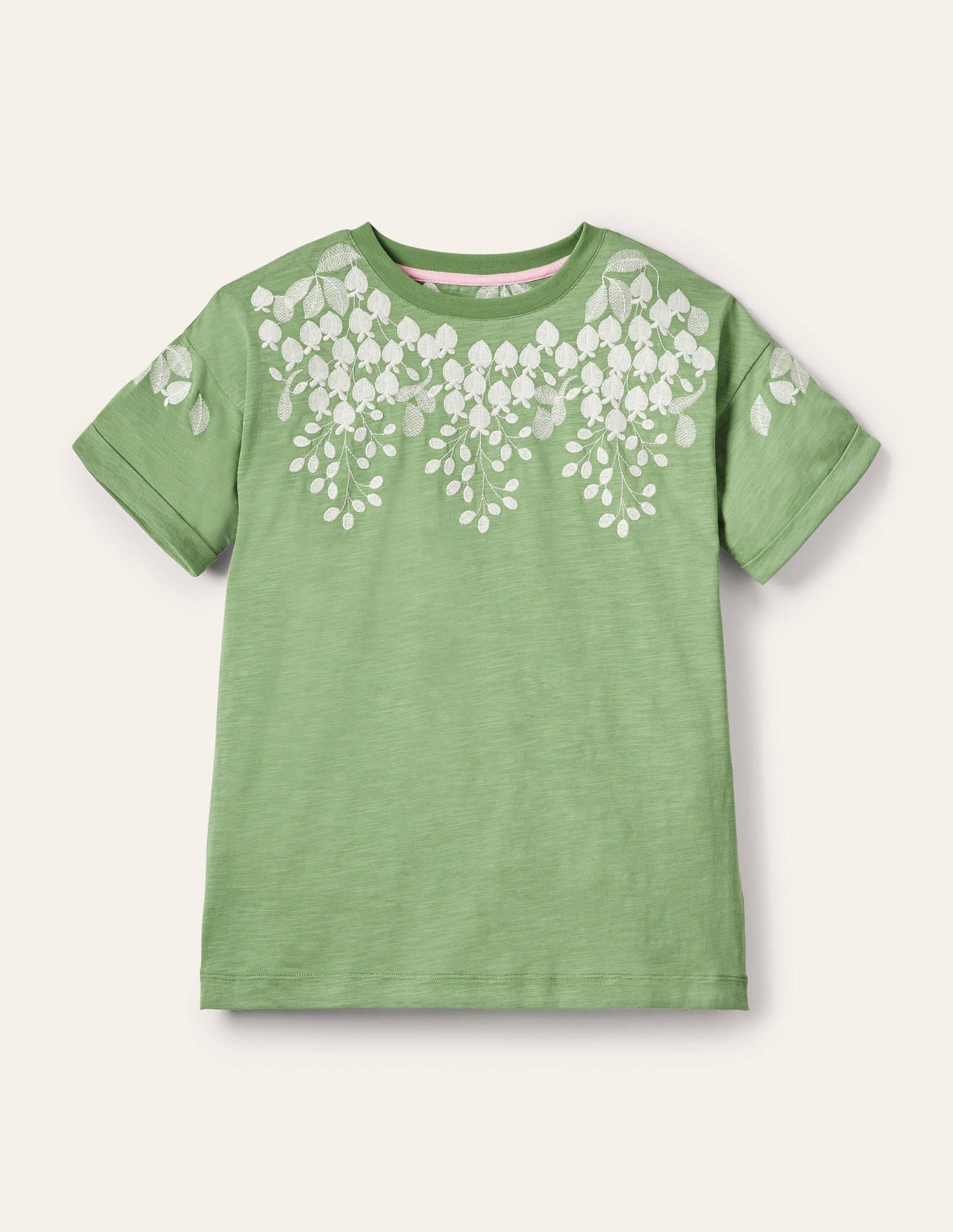 Turn Up Cuff Cotton T-shirt-English Ivy, Ivory Embroidered-5