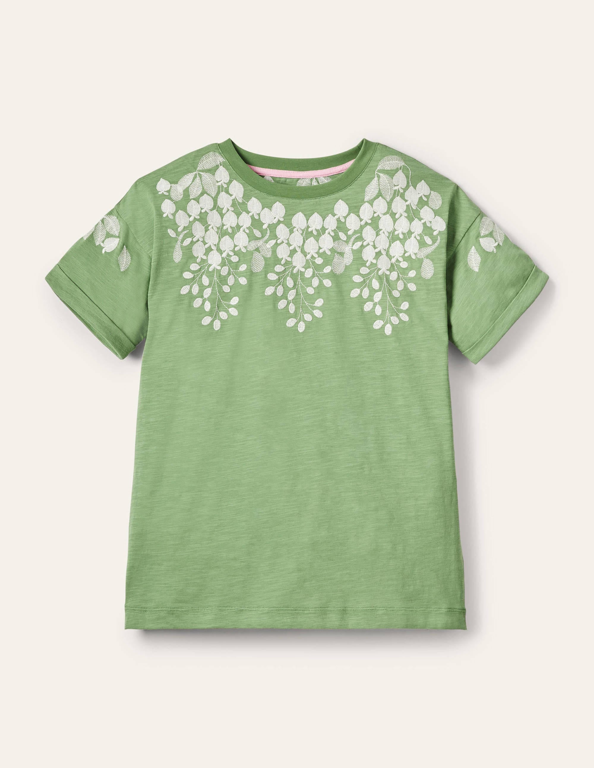 Turn Up Cuff Cotton T-shirt-English Ivy, Ivory Embroidered - Image 5