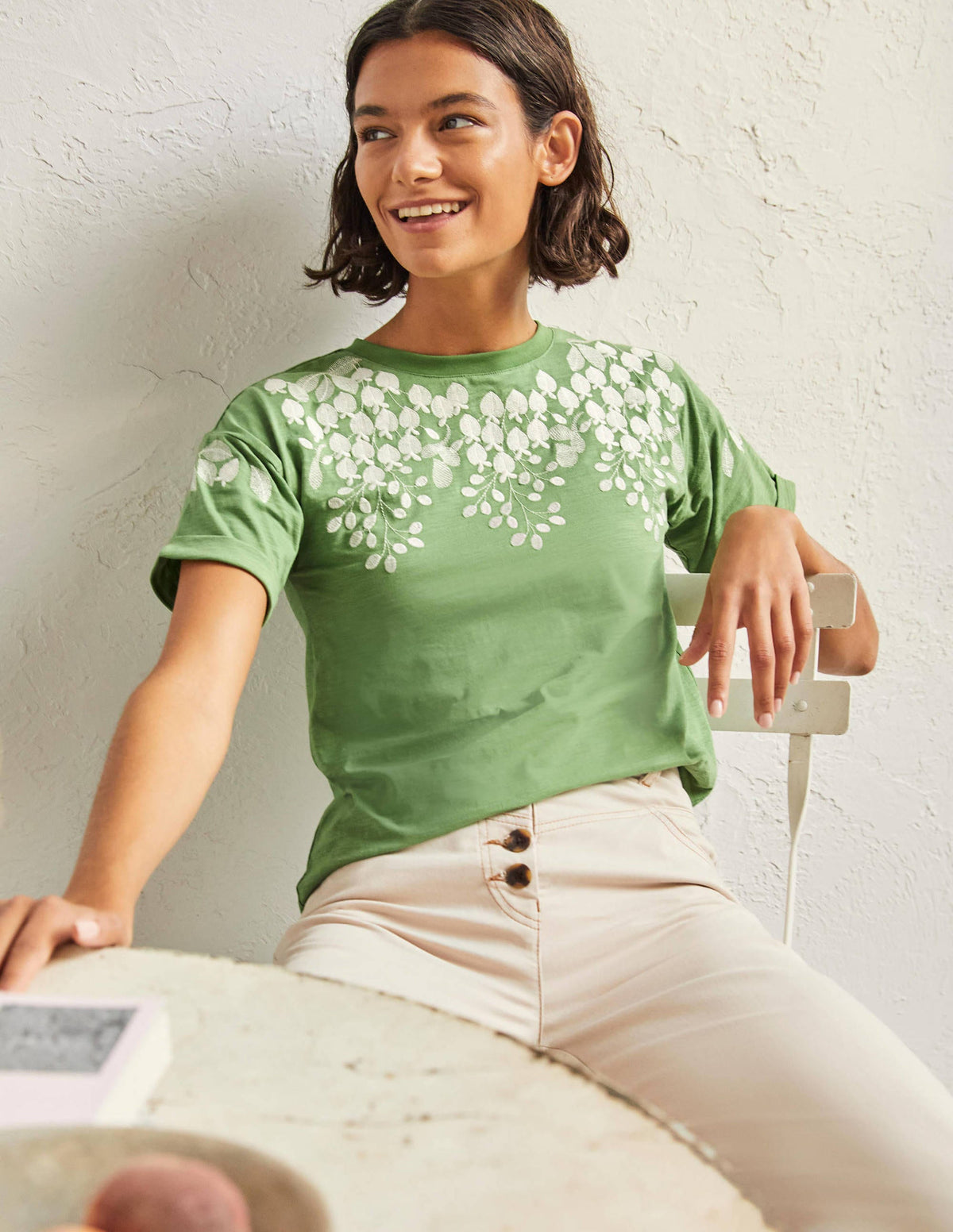 Turn Up Cuff Cotton T-shirt-English Ivy, Ivory Embroidered - Image 1