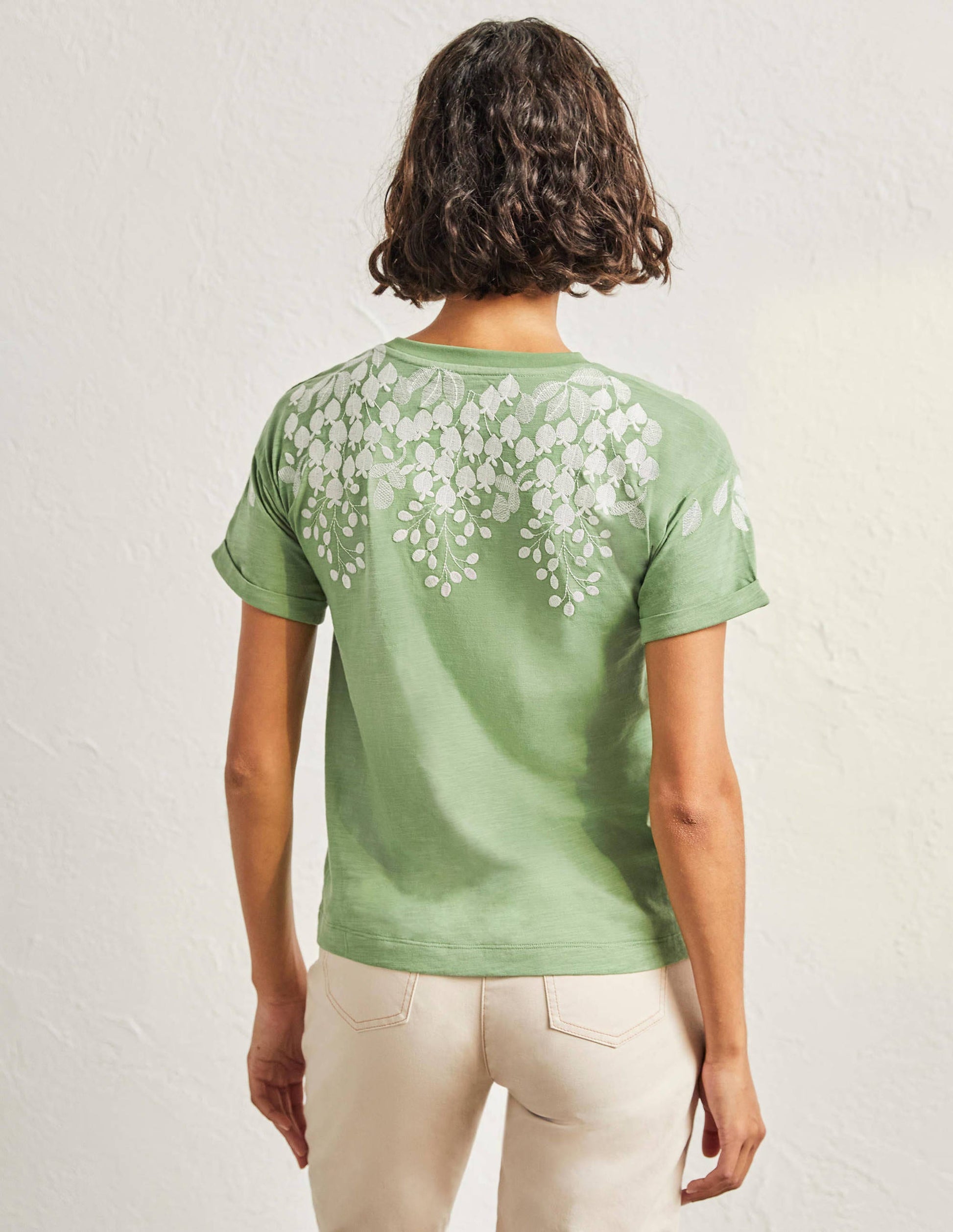 Turn Up Cuff Cotton T-shirt-English Ivy, Ivory Embroidered-3