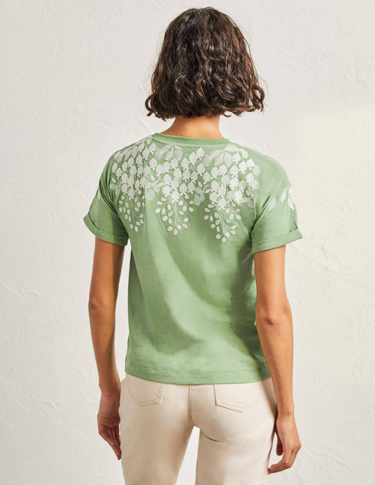 Turn Up Cuff Cotton T-shirt-English Ivy, Ivory Embroidered - Image 3