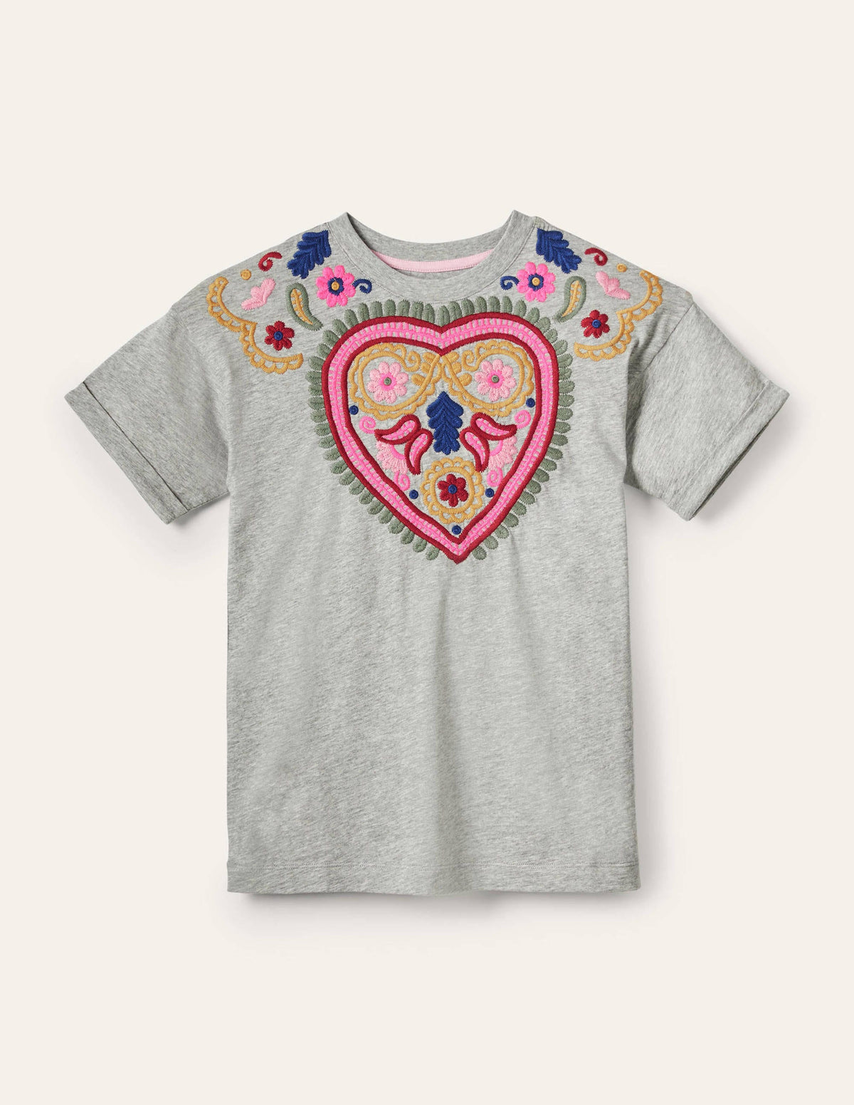 Turn Up Cuff Cotton T-shirt-Grey Marl, Heart Embroidery - Image 4