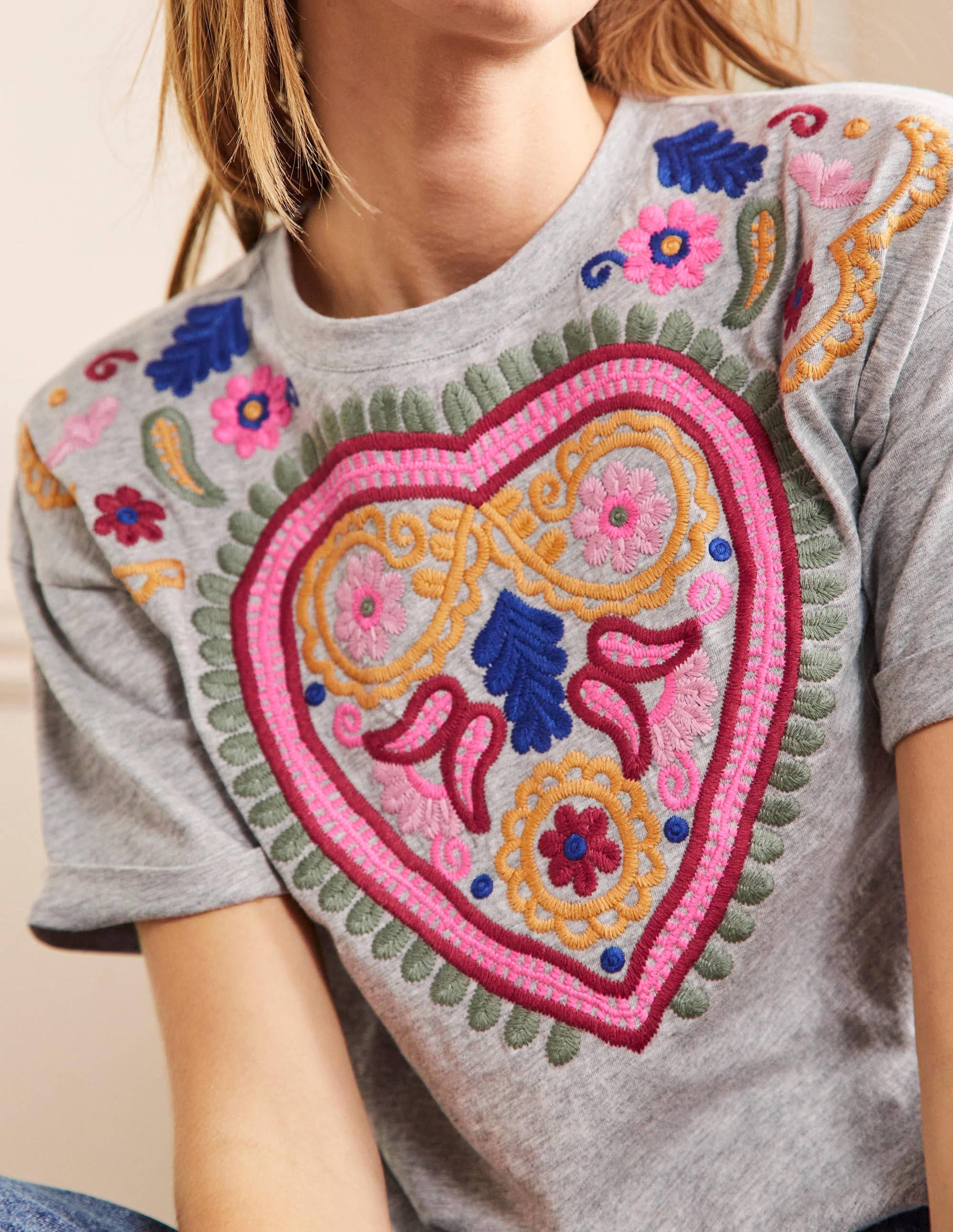 Turn Up Cuff Cotton T-shirt-Grey Marl, Heart Embroidery-1