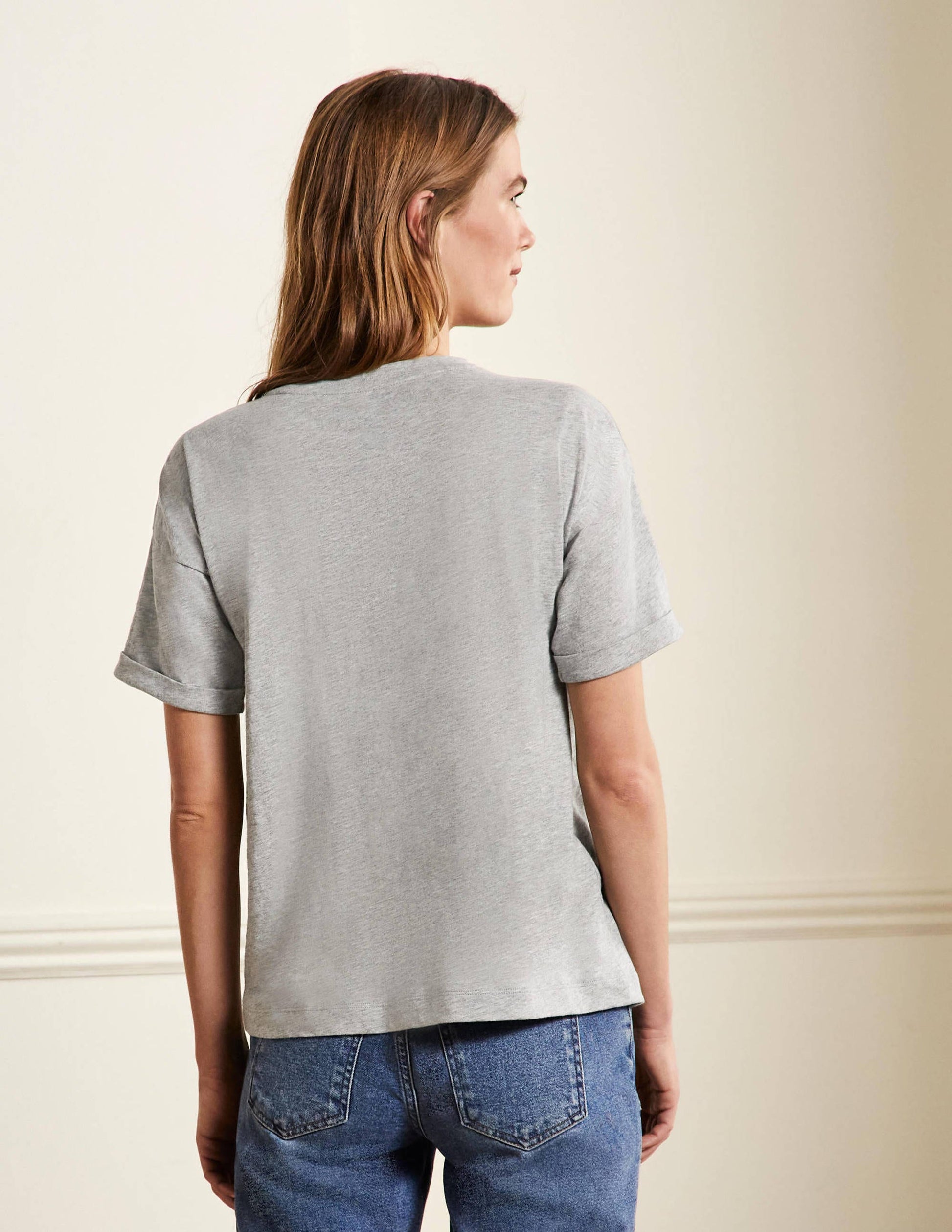 Turn Up Cuff Cotton T-shirt-Grey Marl, Heart Embroidery-2
