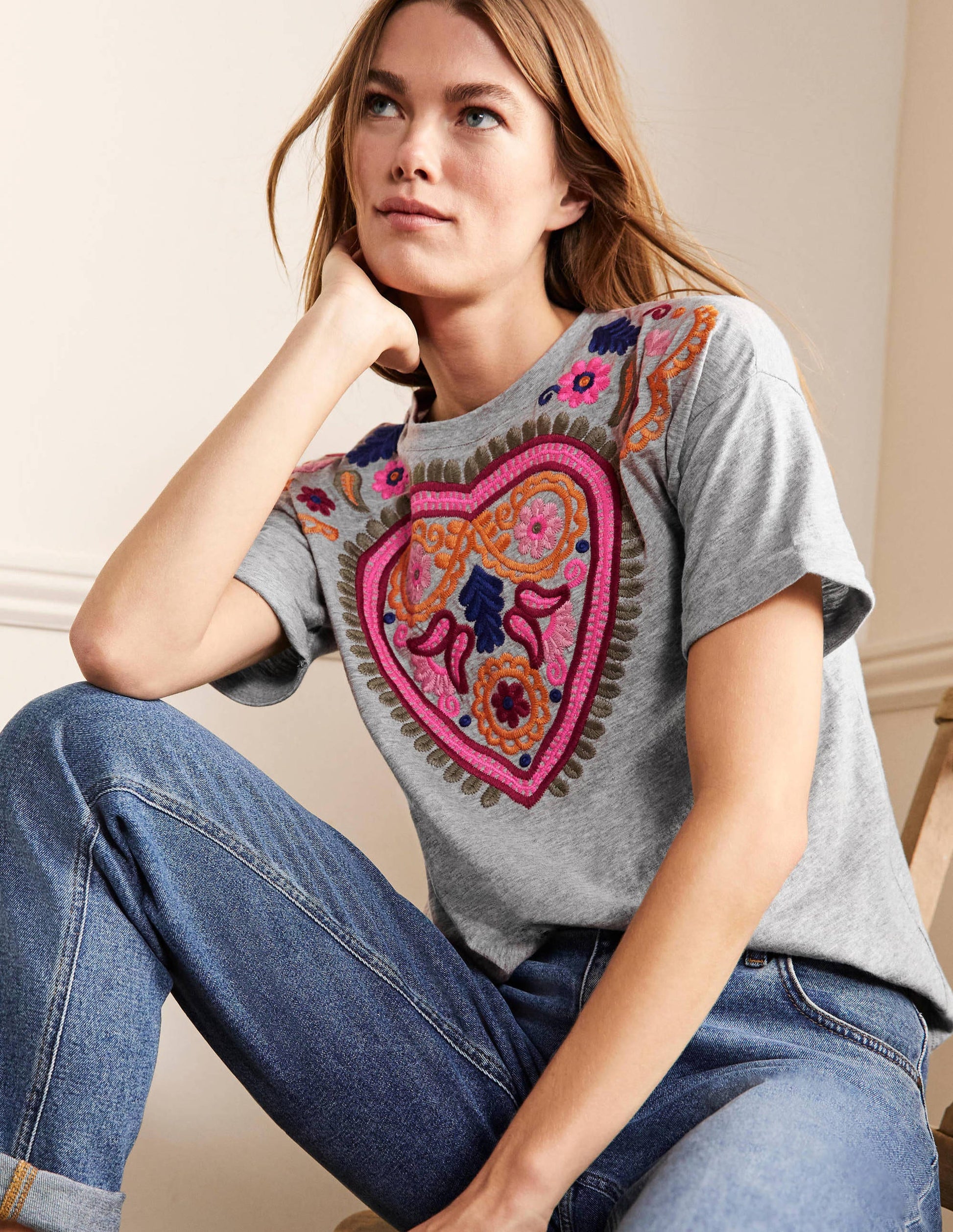 Turn Up Cuff Cotton T-shirt-Grey Marl, Heart Embroidery-3