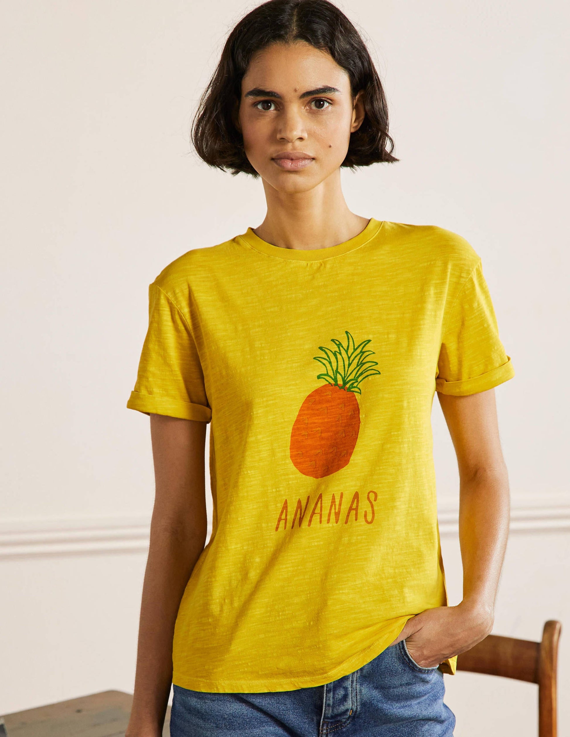 Turn Up Cuff Cotton T-shirt-Pale Lemon, Pineapple-1