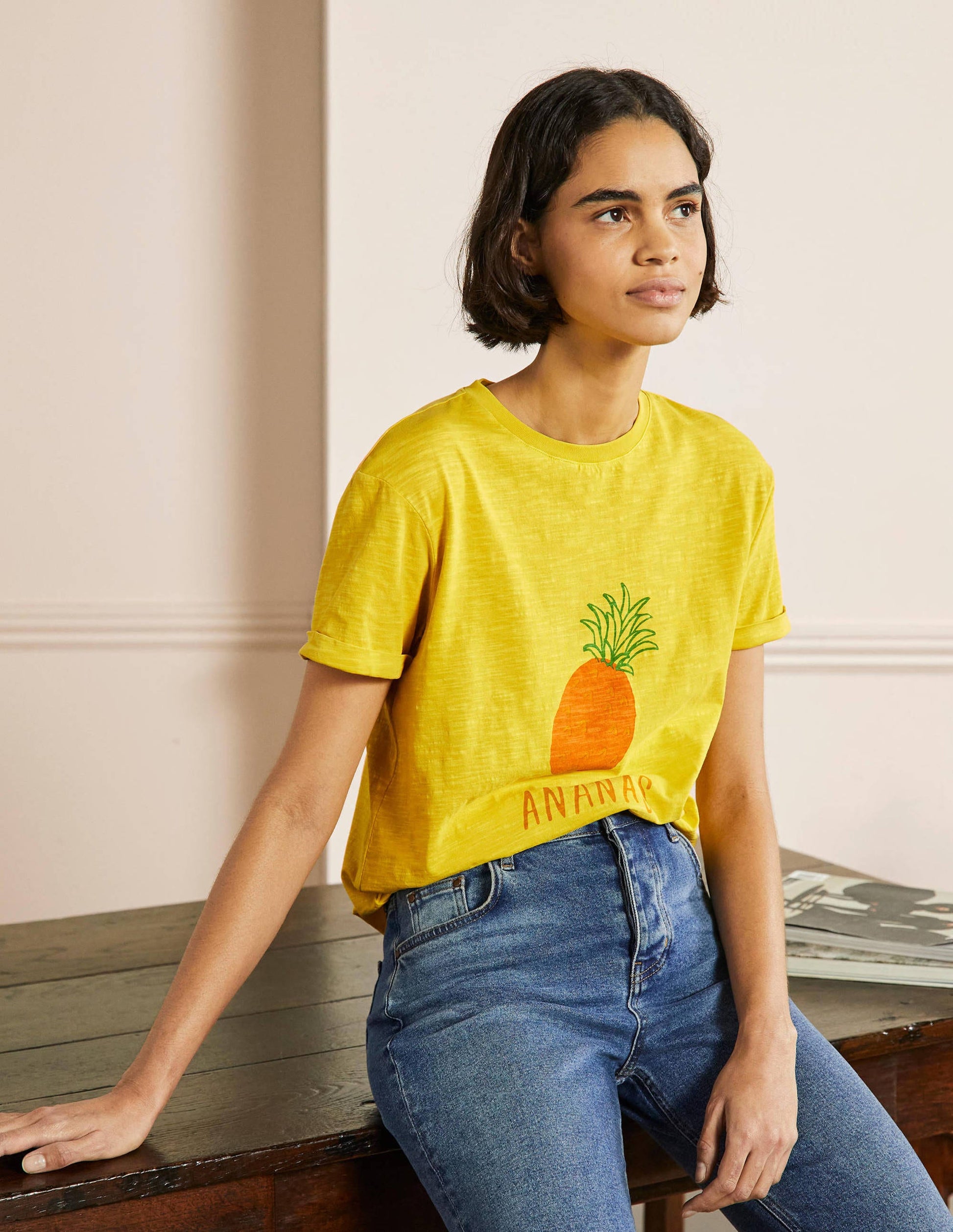 Turn Up Cuff Cotton T-shirt-Pale Lemon, Pineapple-4