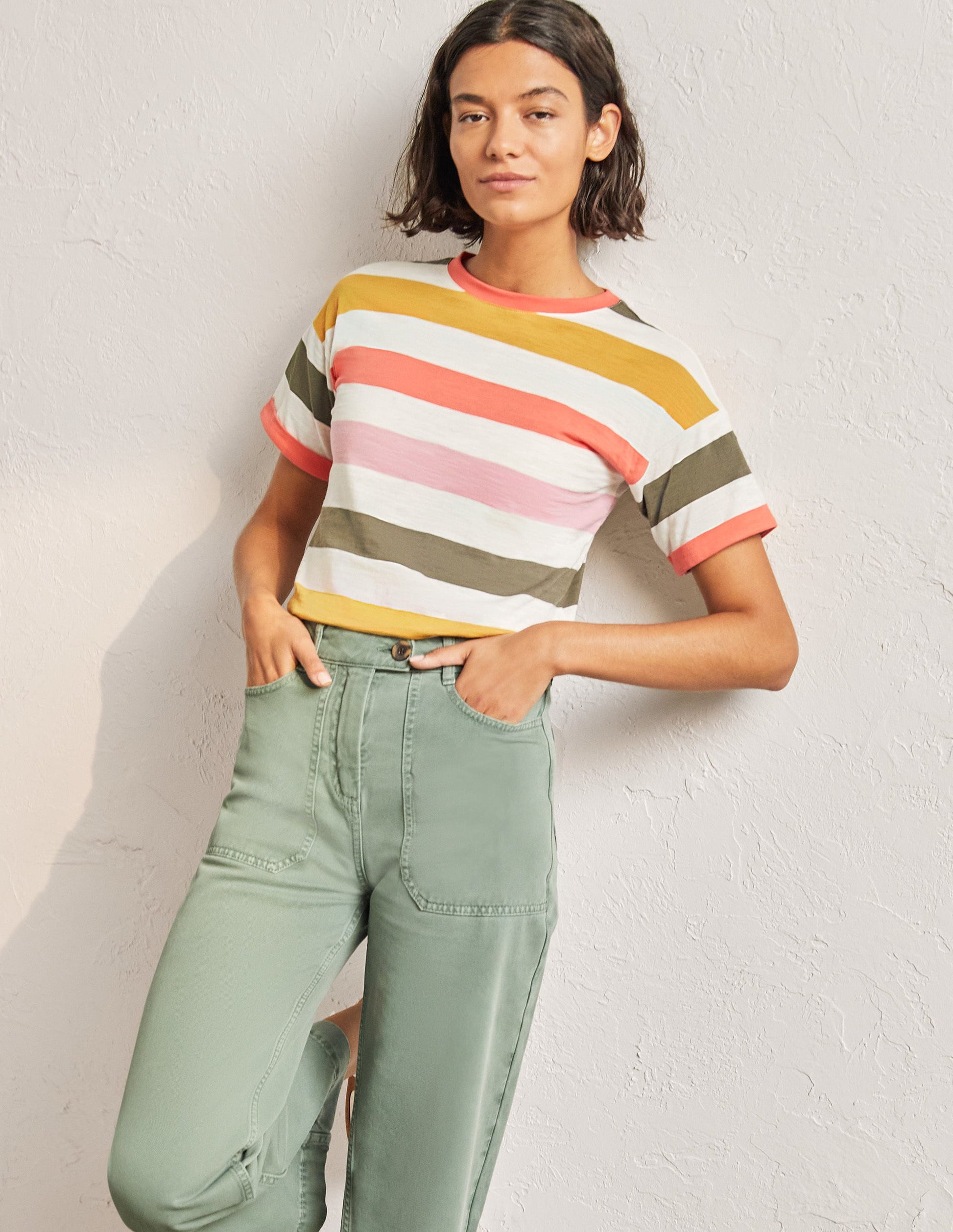 Turn Up Cuff Cotton T-shirt-Formica Pink, Hot Coral Multi-4