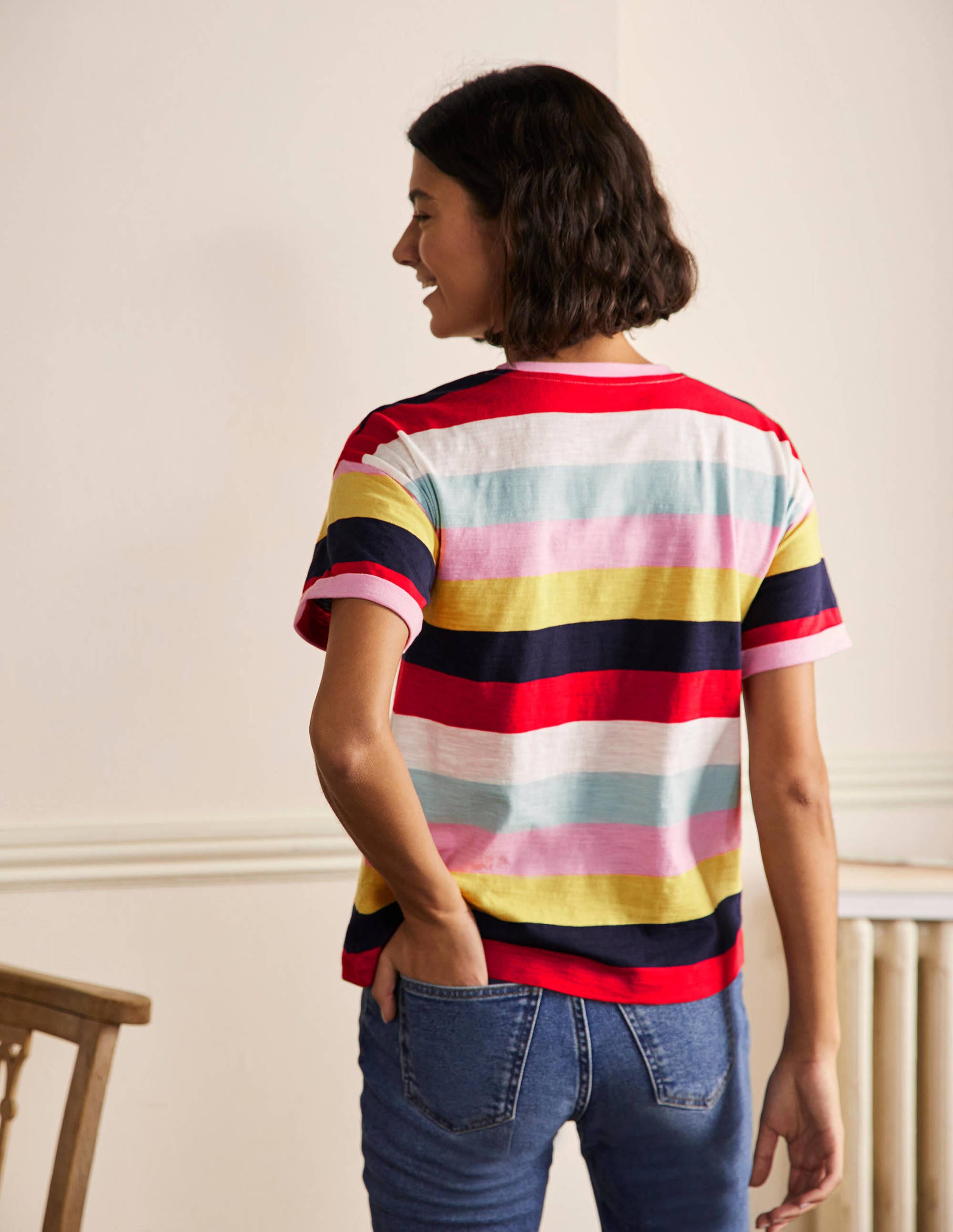 Turn Up Cuff Cotton T-shirt-Spring Blossom, Daffodil Multi - Image 3