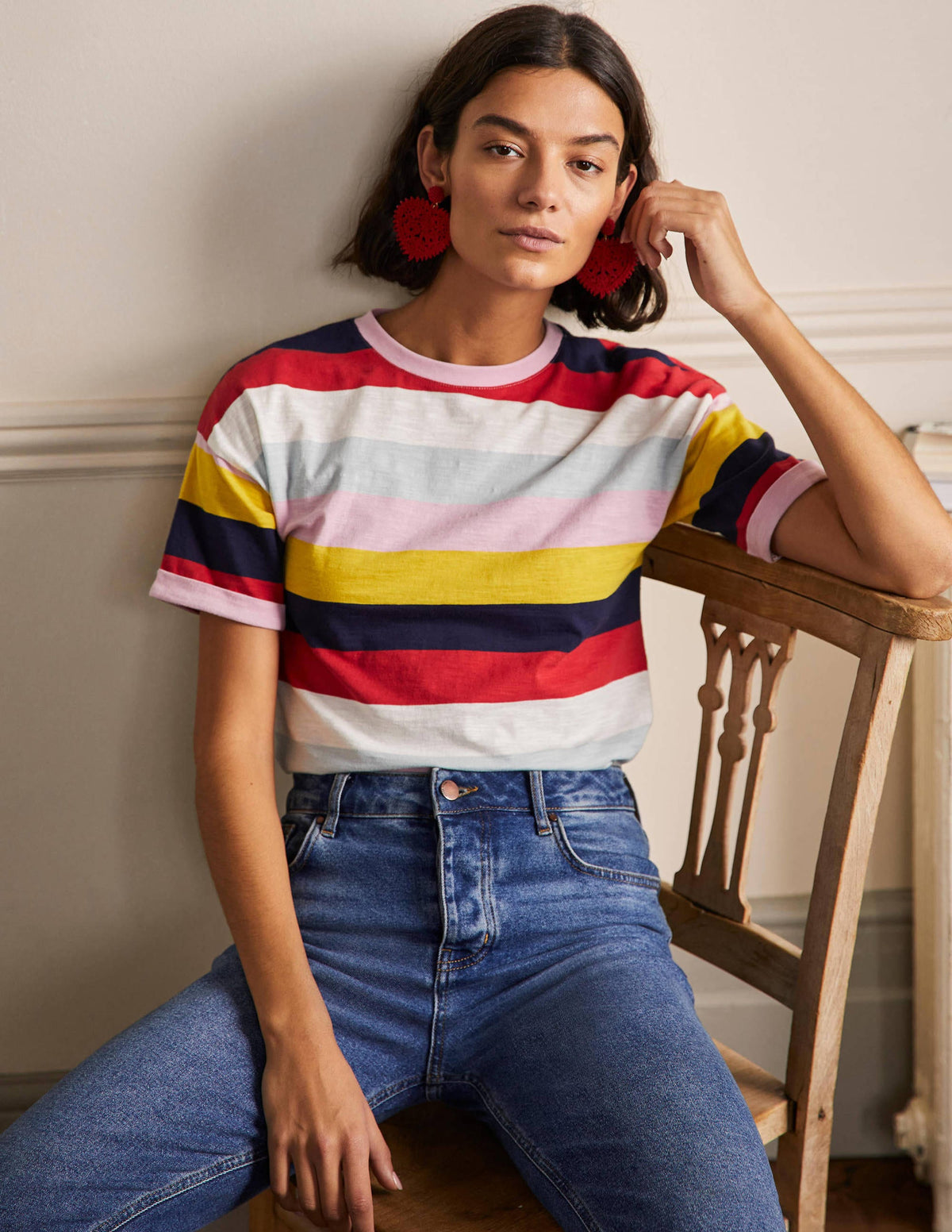 Turn Up Cuff Cotton T-shirt-Spring Blossom, Daffodil Multi - Image 4