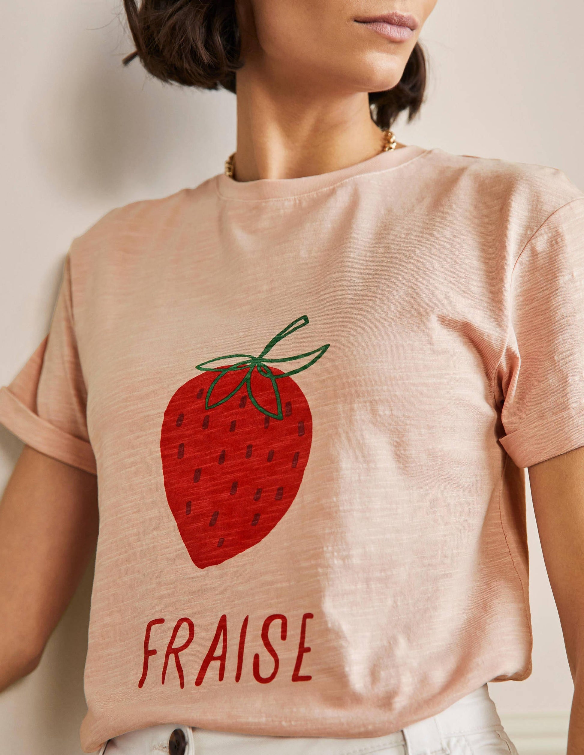 Turn Up Cuff Cotton T-shirt-Milkshake, Strawberry-2