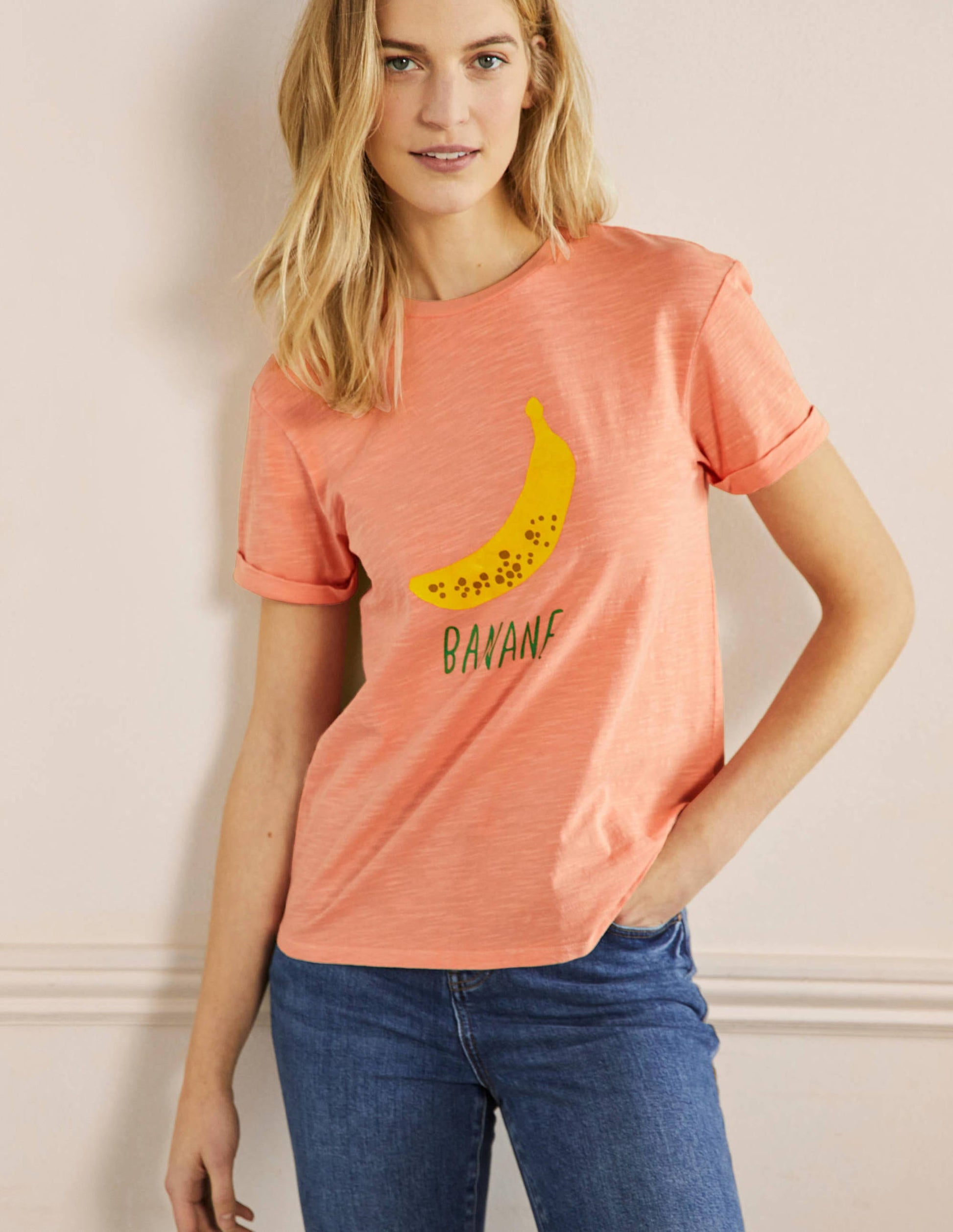 Turn Up Cuff Cotton T-shirt-Burnt Coral, Banana-4