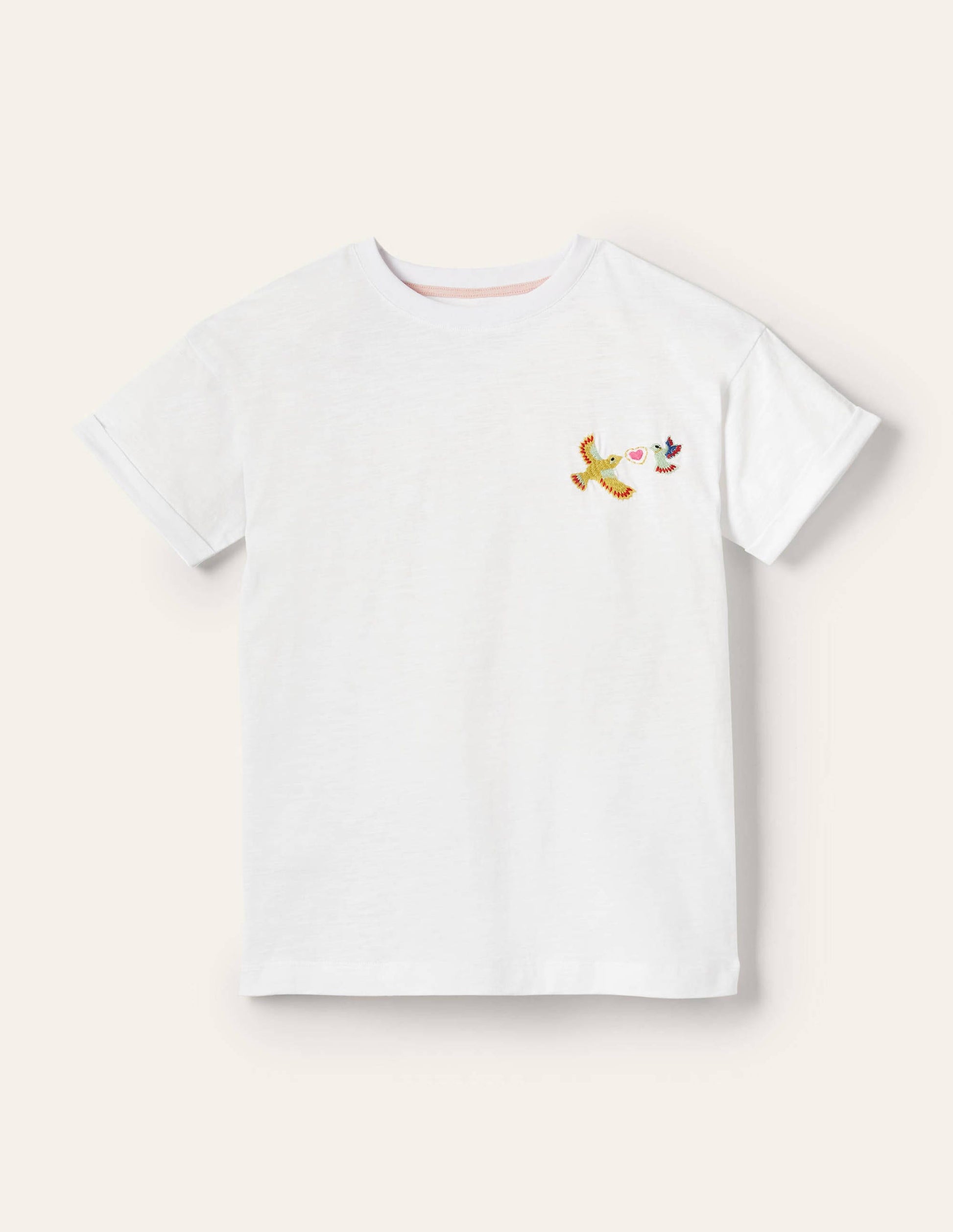 Turn Up Cuff Cotton T-shirt-Bird Embroidery-5