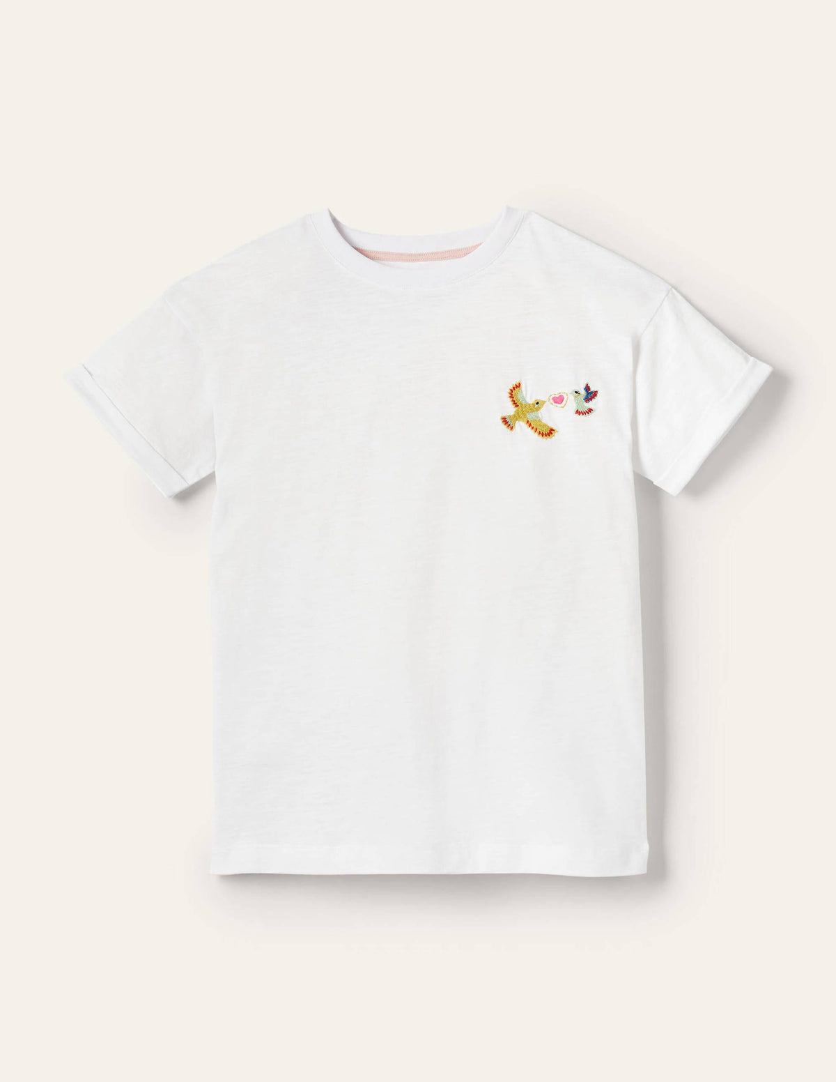 Turn Up Cuff Cotton T-shirt-Bird Embroidery - Image 5