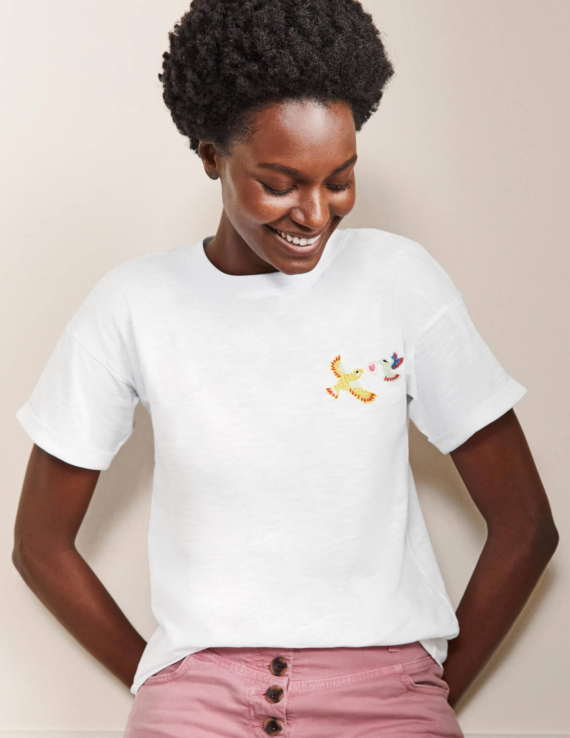 Turn Up Cuff Cotton T-shirt-Bird Embroidery-1