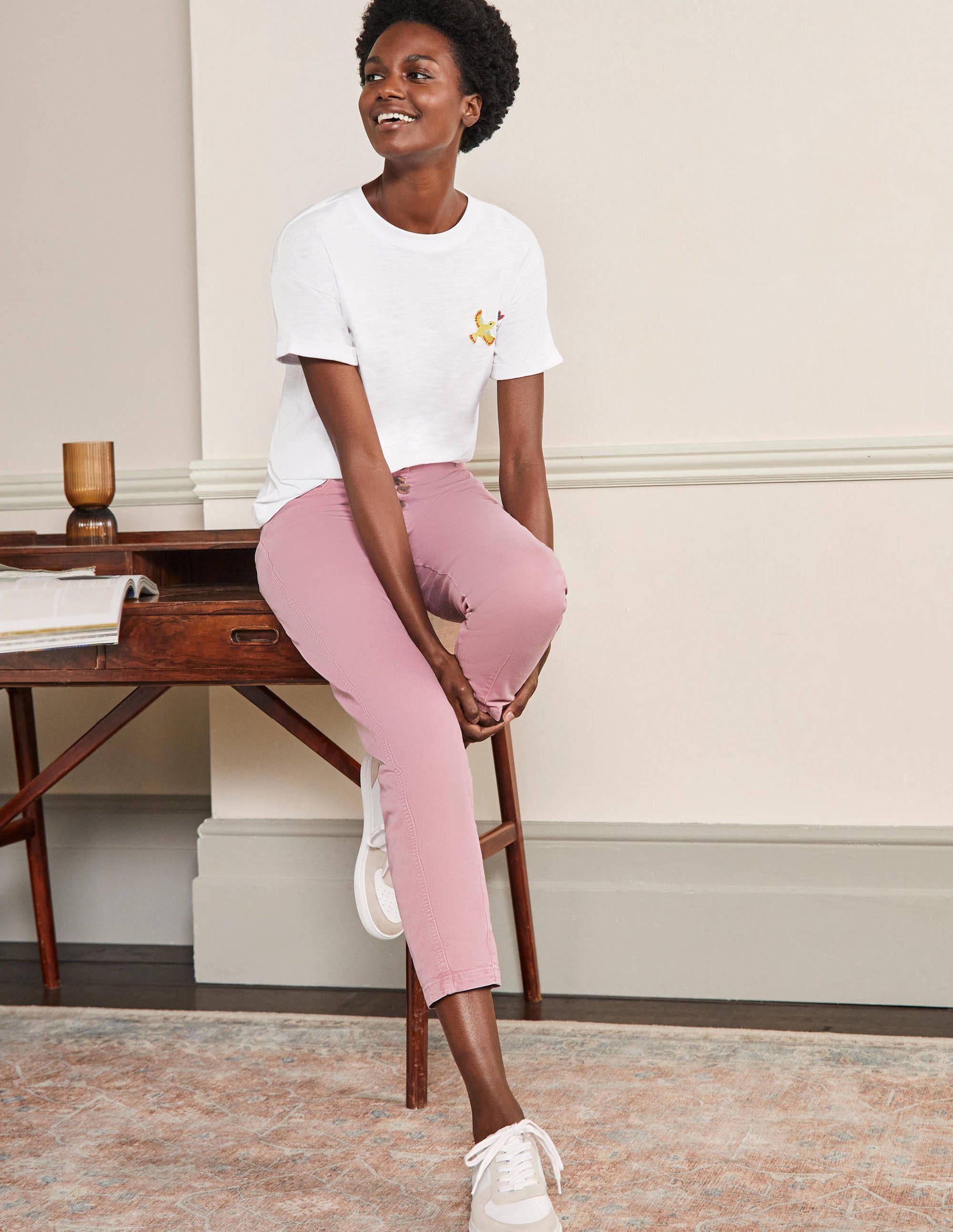 Turn Up Cuff Cotton T-shirt-Bird Embroidery - Image 4
