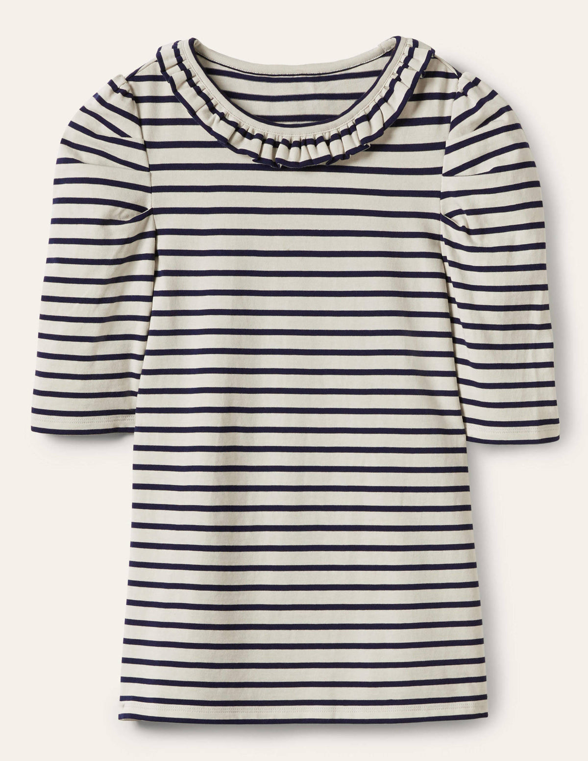 Puff Sleeve Frill Neck T-Shirt-Ivory / Navy Stripe-5