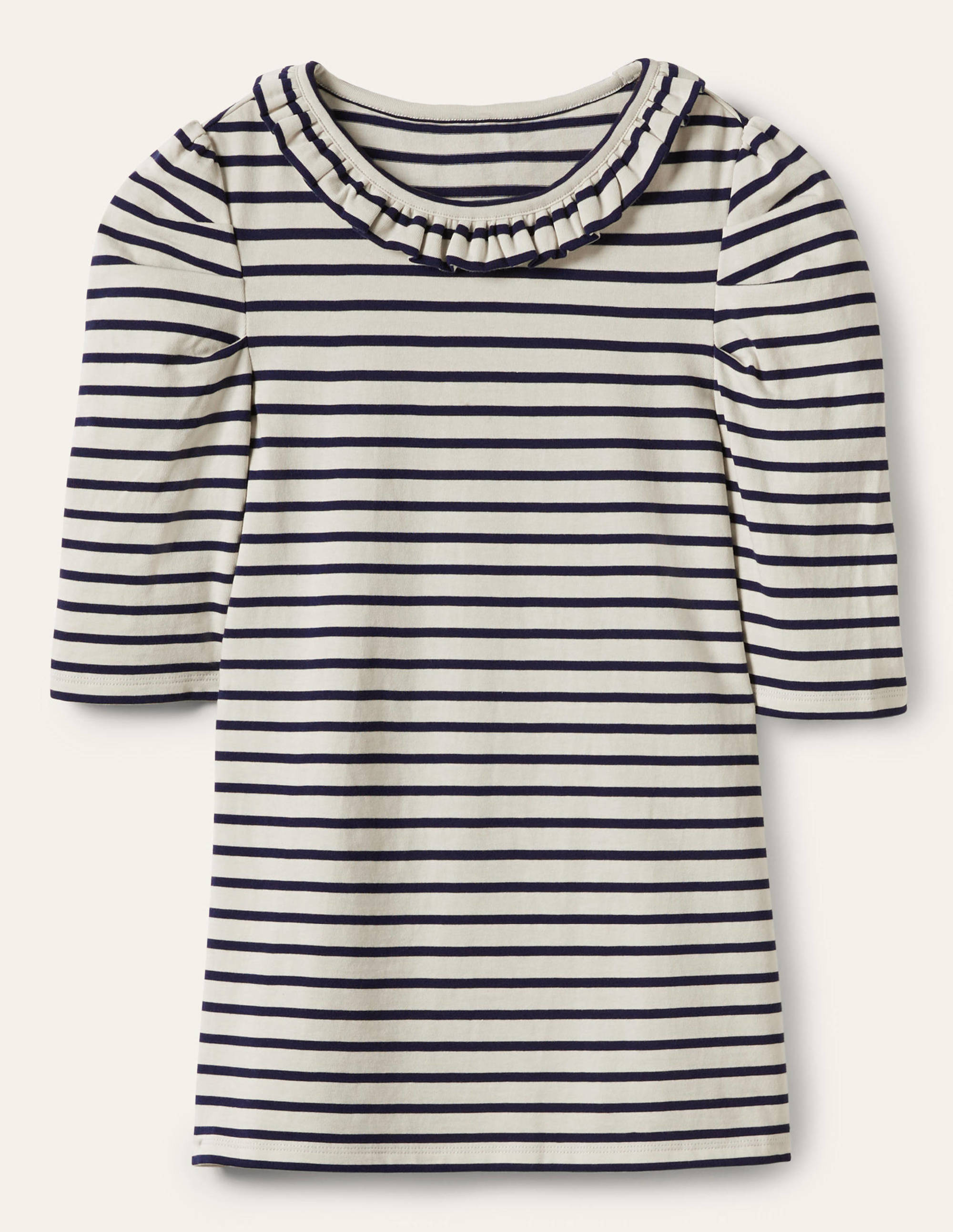 Puff Sleeve Frill Neck T-Shirt-Ivory / Navy Stripe - Image 5