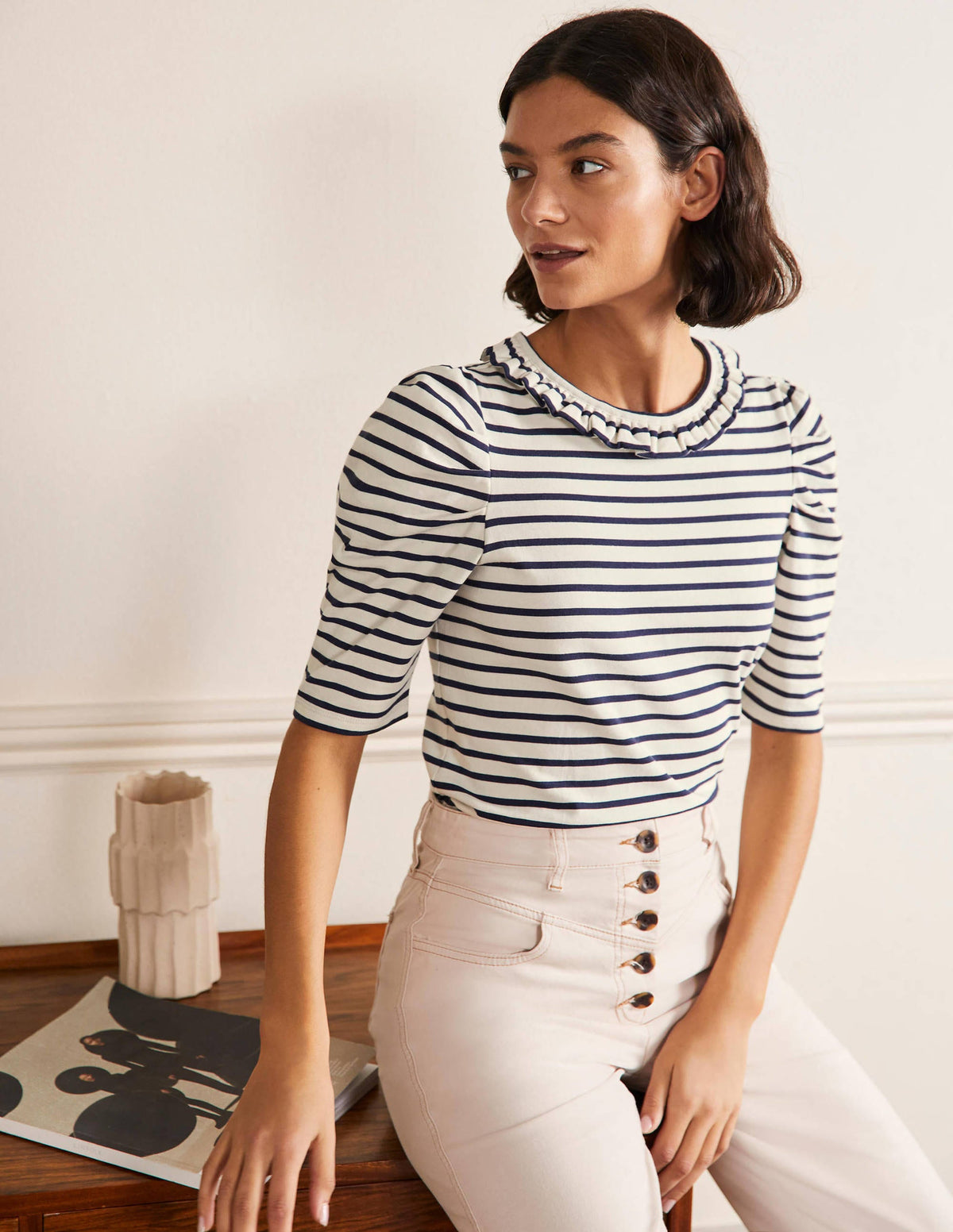 Puff Sleeve Frill Neck T-Shirt-Ivory / Navy Stripe - Image 1