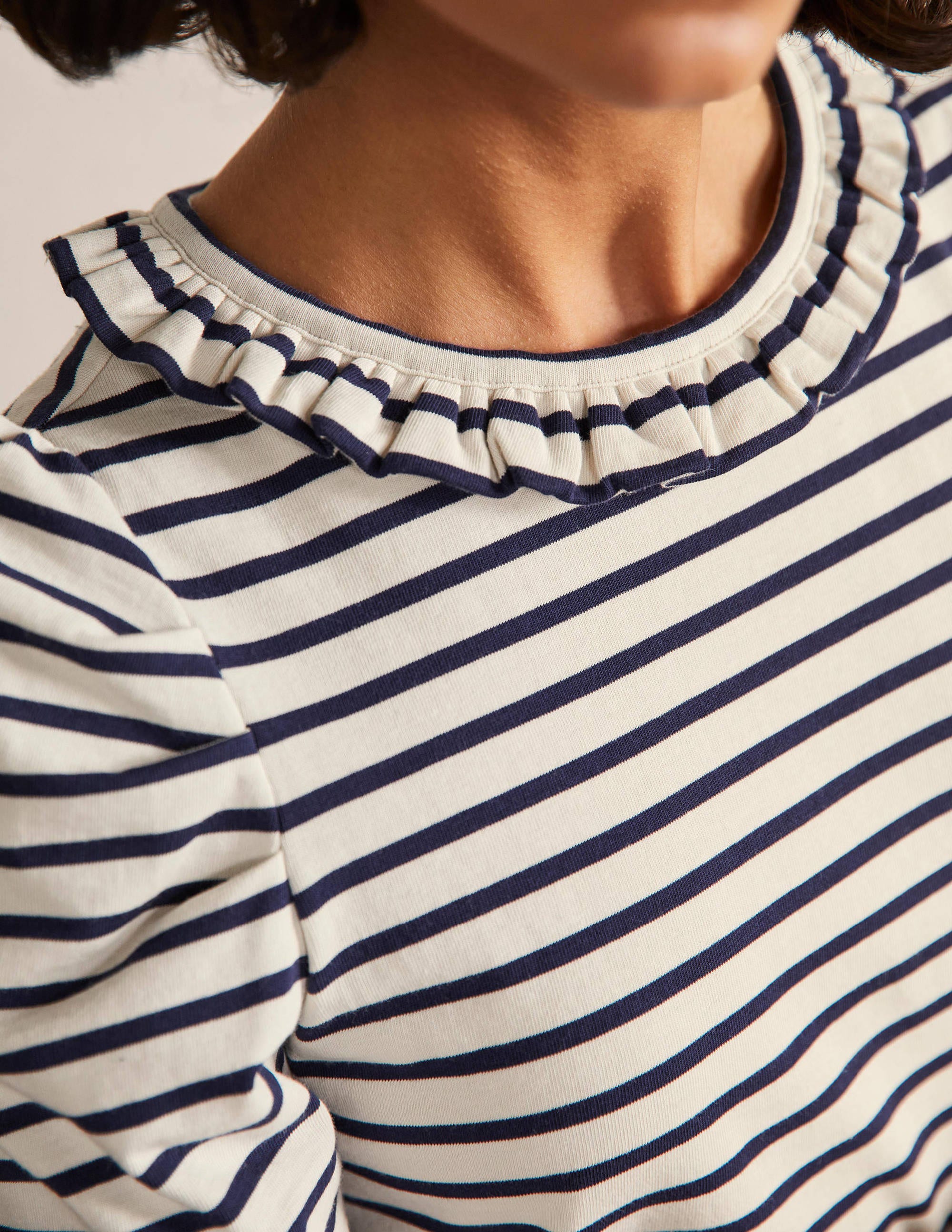 Puff Sleeve Frill Neck T-Shirt-Ivory / Navy Stripe - Image 2
