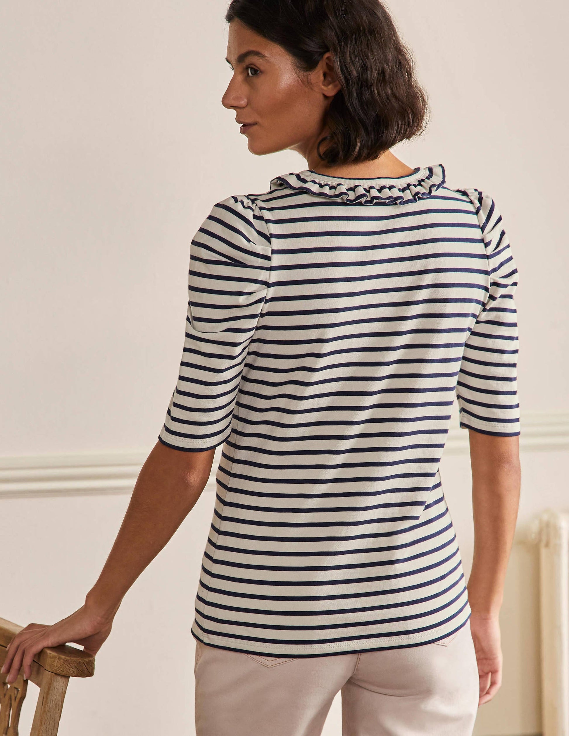 Puff Sleeve Frill Neck T-Shirt-Ivory / Navy Stripe-3